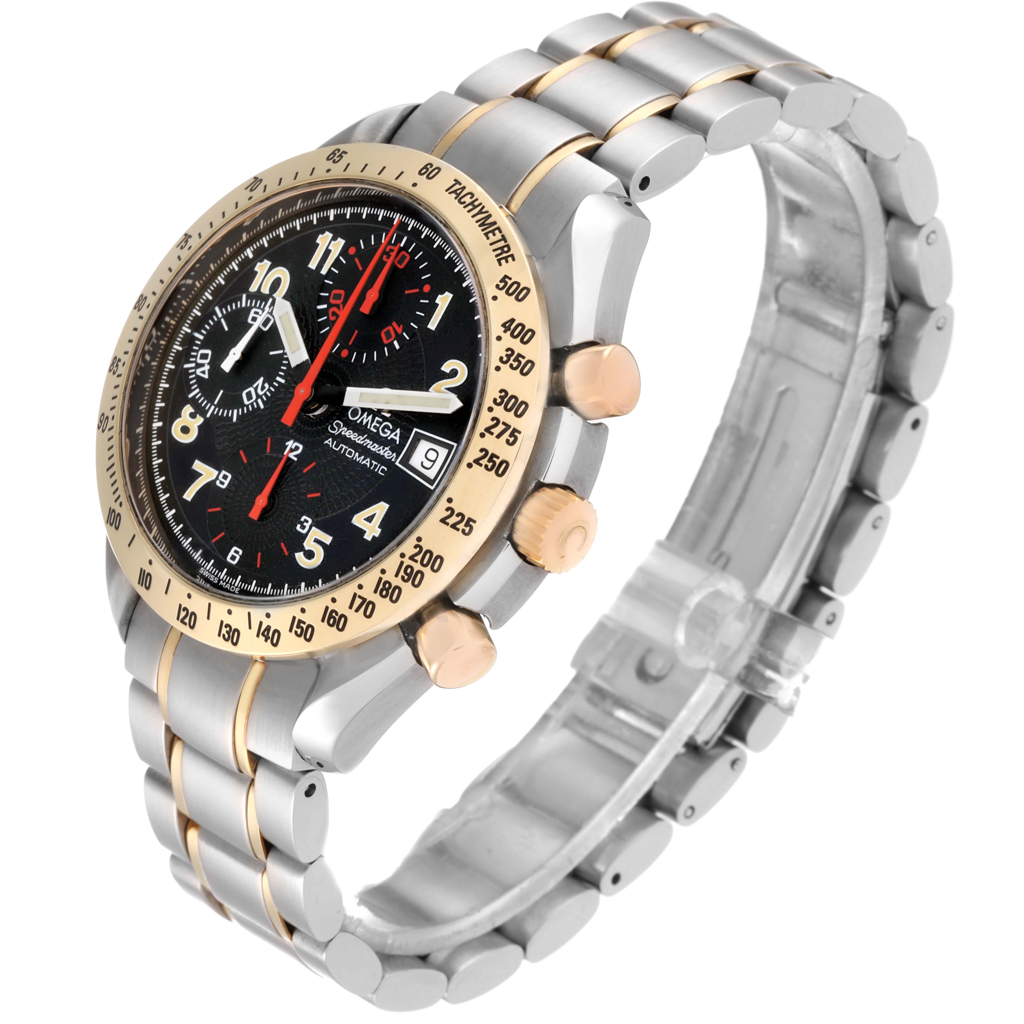 The image shows an Omega Speedmaster 3313.53.00 Men's Steel and Gold (two tone) Black Dial 3313.53.00 Men's Steel and Gold (two tone) Black Dial watch at a three-quarter angle, displaying the face, bezel, crown, and bracelet.