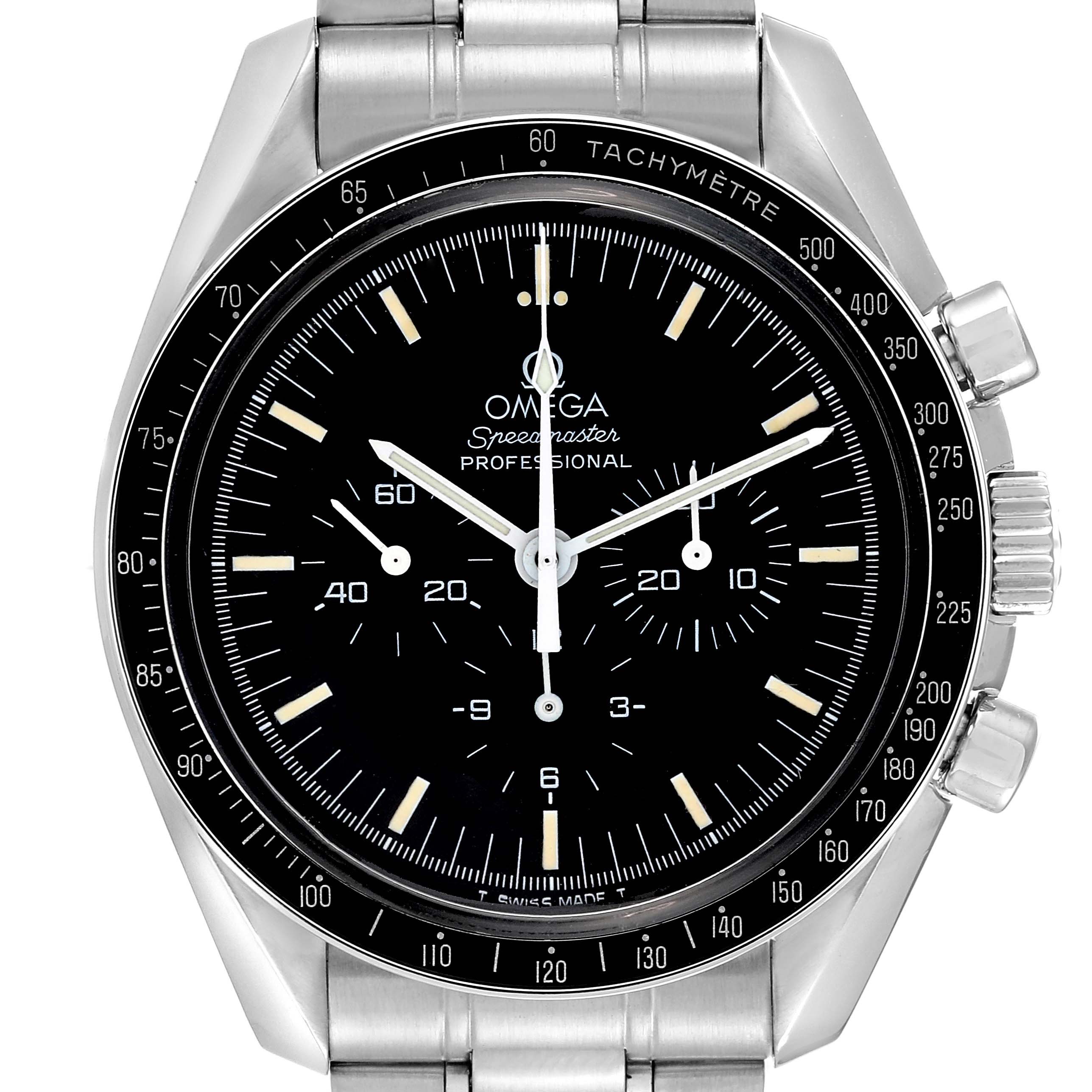 This image shows a frontal view of the Omega Speedmaster 3592.50.00 Men
s Stainless Steel Black Dial 3592.50.00 Men
s Stainless Steel Black Dial watch, highlighting the dial, tachymeter bezel, and chronograph subdials.