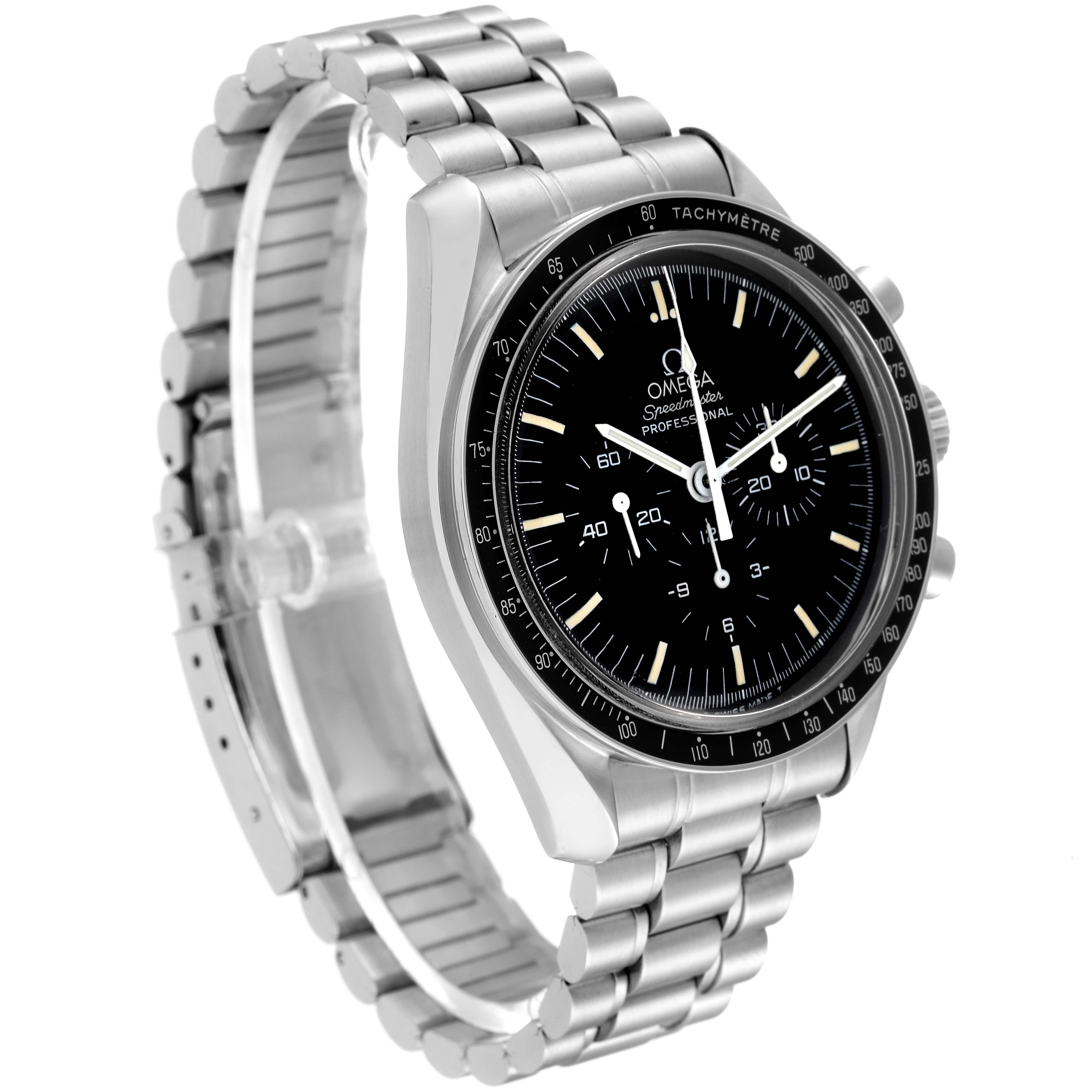 The image shows an Omega Speedmaster 3592.50.00 Men
s Stainless Steel Black Dial 3592.50.00 Men
s Stainless Steel Black Dial watch at a slight angle, highlighting the face, bezel, and metal bracelet.