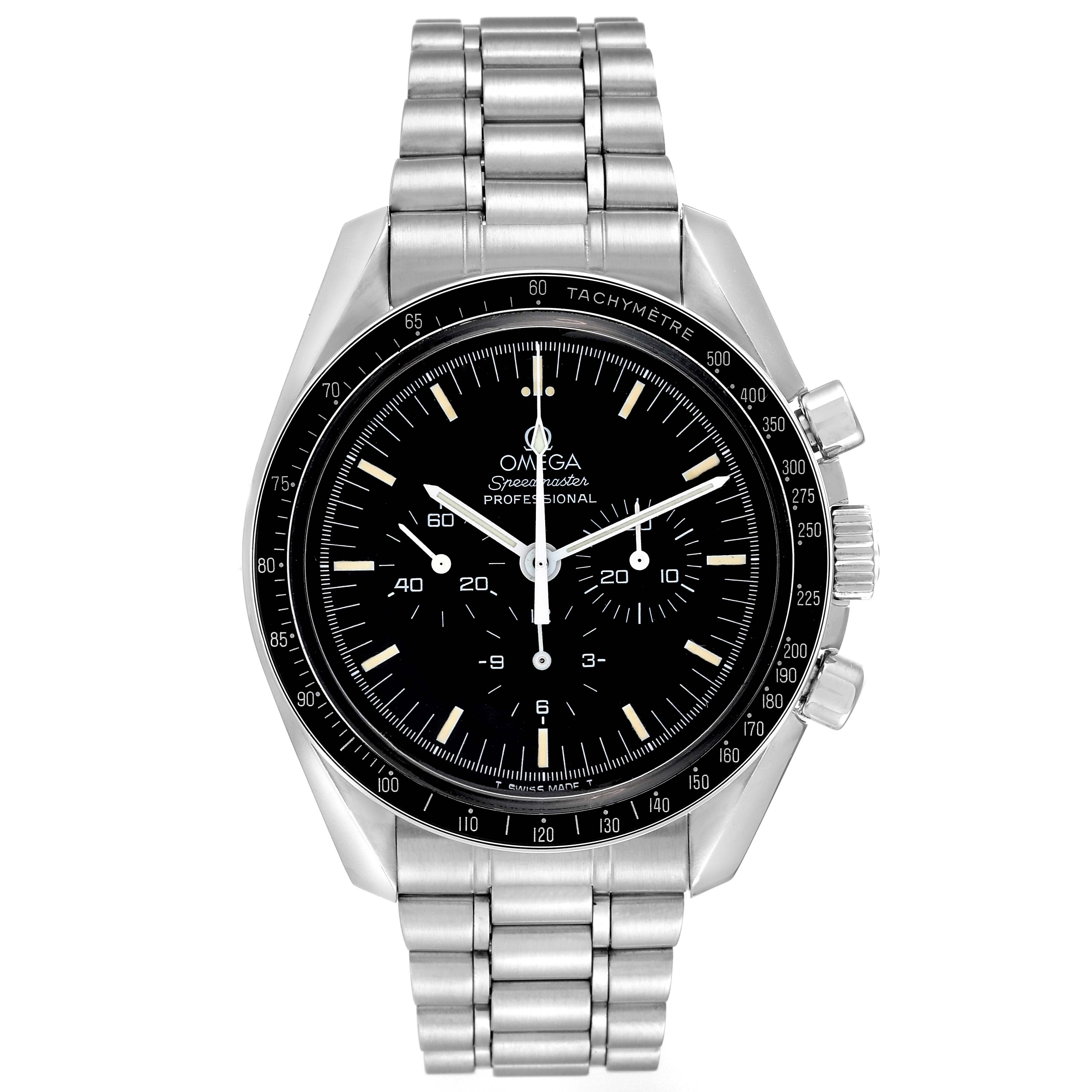 The Omega Speedmaster 3592.50.00 Men
s Stainless Steel Black Dial 3592.50.00 Men
s Stainless Steel Black Dial watch is shown from a front angle, displaying the face, bezel, and stainless steel bracelet.