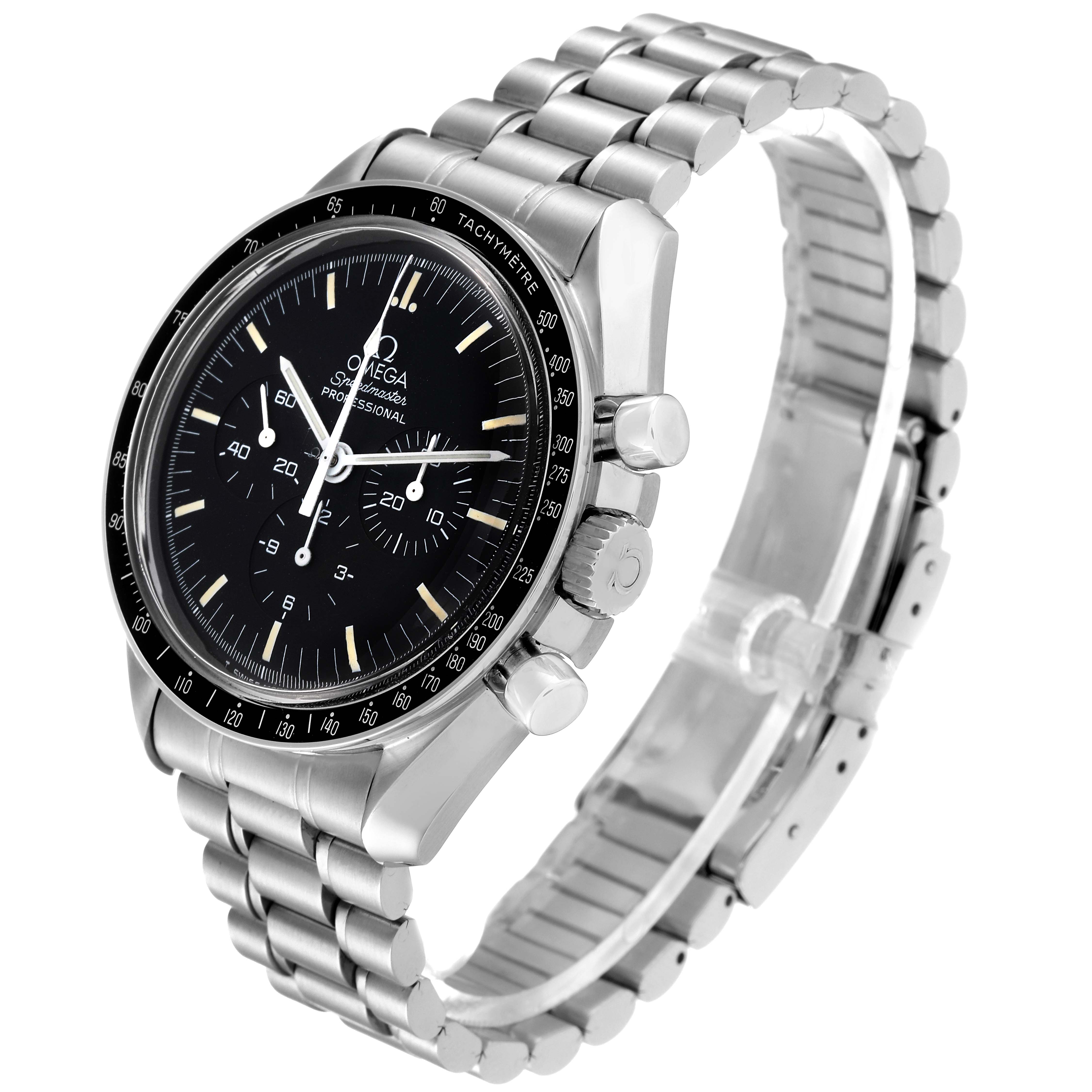 The image shows an Omega Speedmaster 3592.50.00 Men
s Stainless Steel Black Dial 3592.50.00 Men
s Stainless Steel Black Dial watch at a three-quarter view, displaying the face, bezel, and metal bracelet.