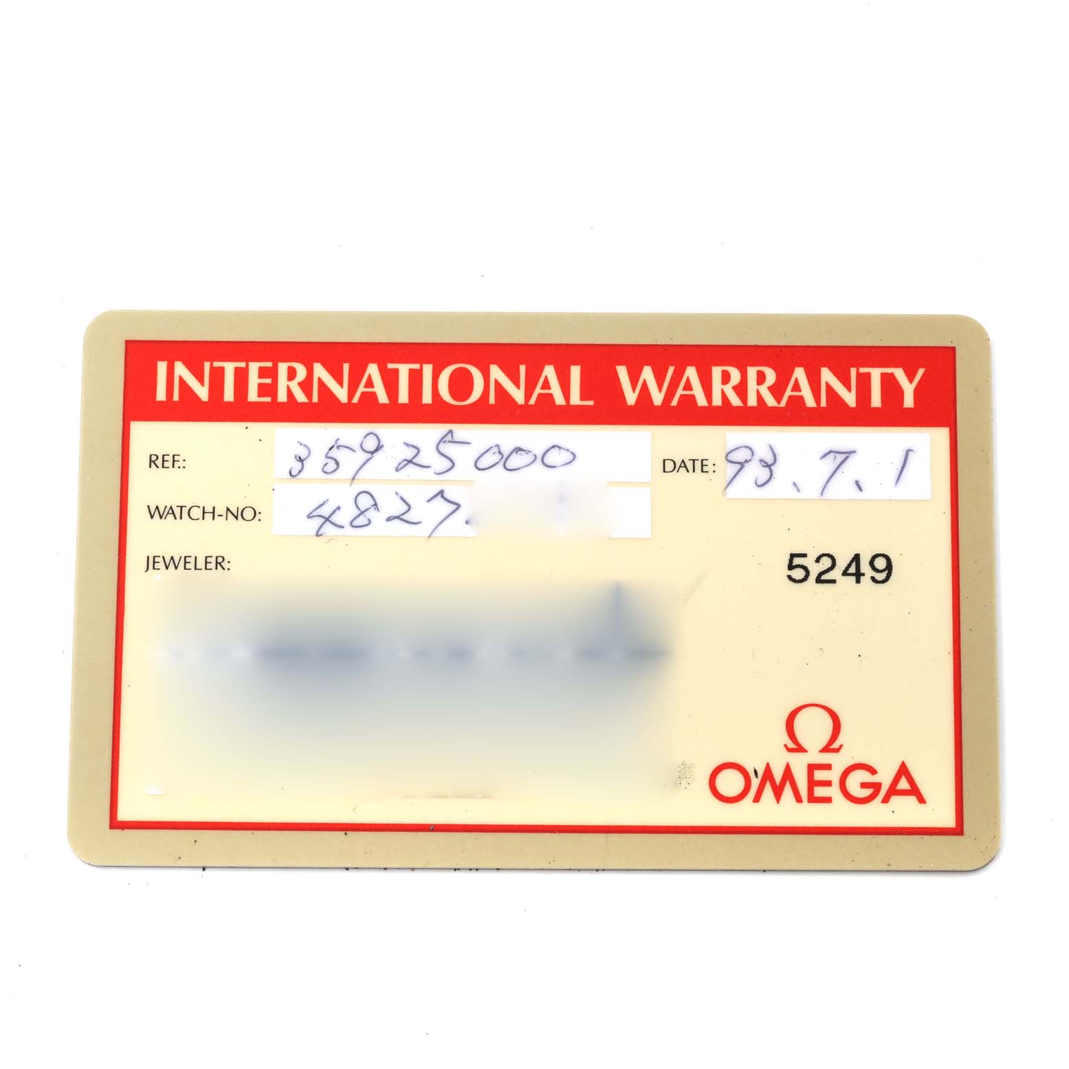 The image shows an International Warranty card for the Omega Speedmaster 3592.50.00 Men
s Stainless Steel Black Dial 3592.50.00 Men
s Stainless Steel Black Dial watch.