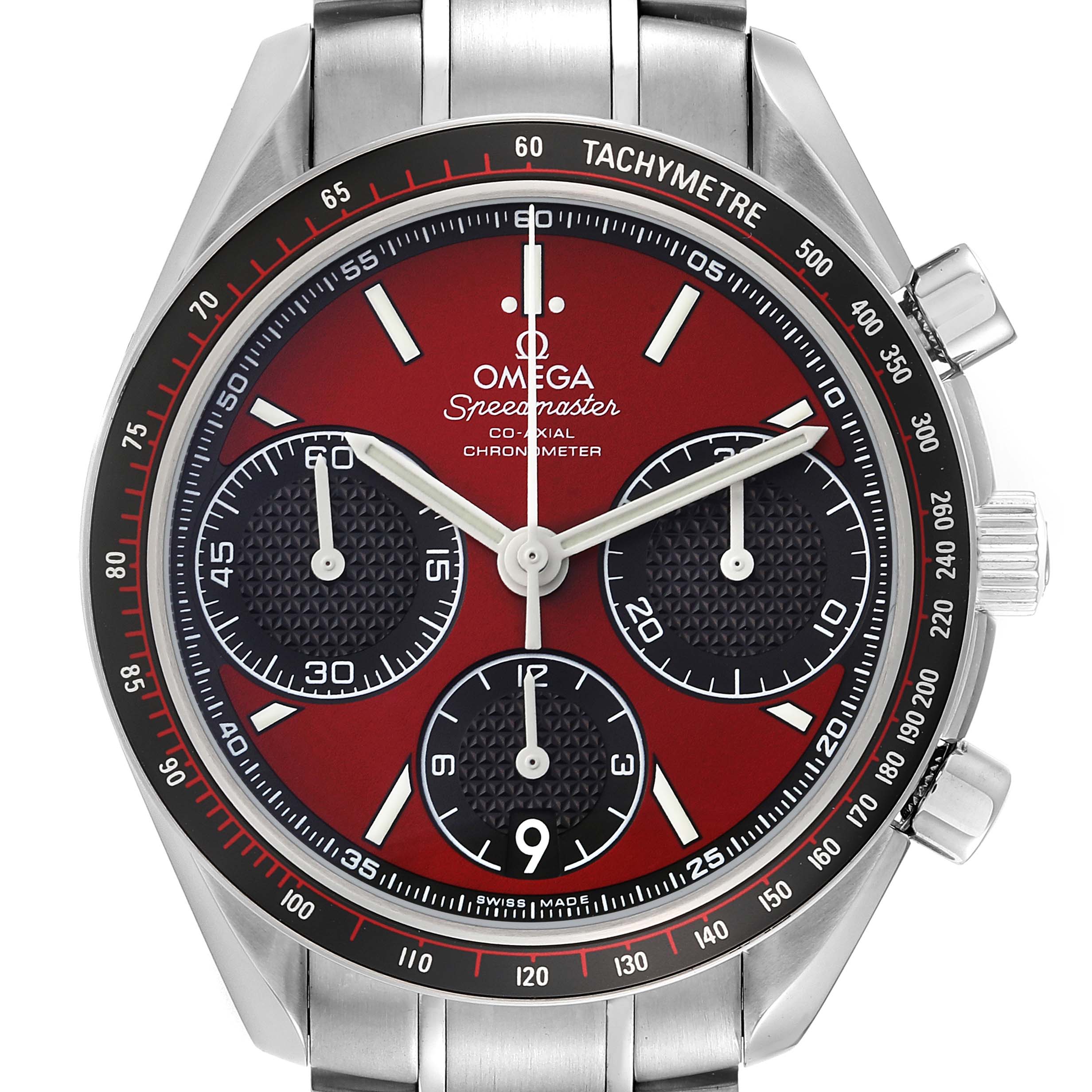 The Omega Speedmaster 326.30.40.50.11.001 Men's Stainless Steel Red Dial 326.30.40.50.11.001 Men's Stainless Steel Red Dial watch is shown from the front, highlighting its red dial, black sub-dials, and silver bracelet.