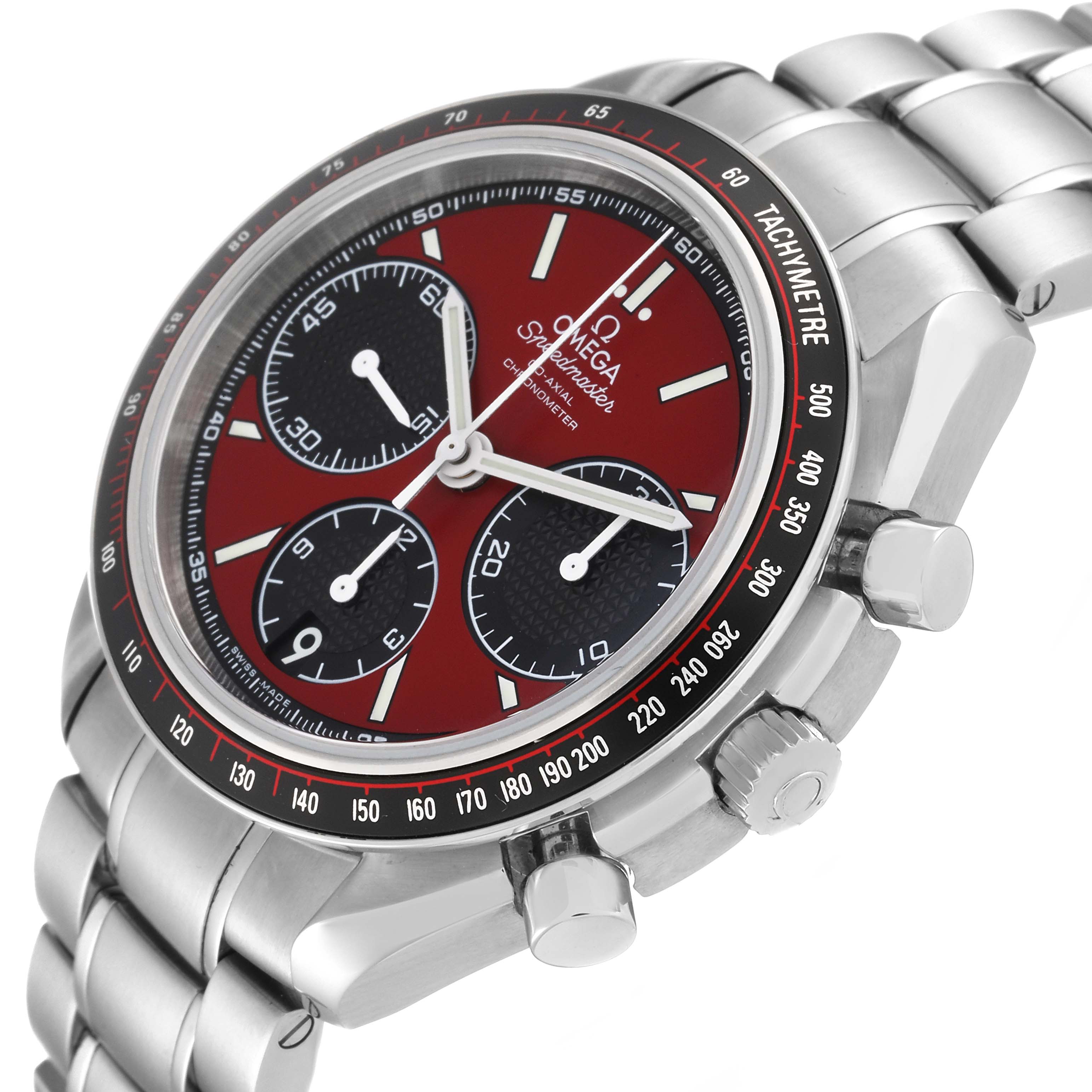 The Omega Speedmaster 326.30.40.50.11.001 Men's Stainless Steel Red Dial 326.30.40.50.11.001 Men's Stainless Steel Red Dial watch is shown at an angle highlighting its red dial, tachymeter bezel, and stainless steel bracelet.