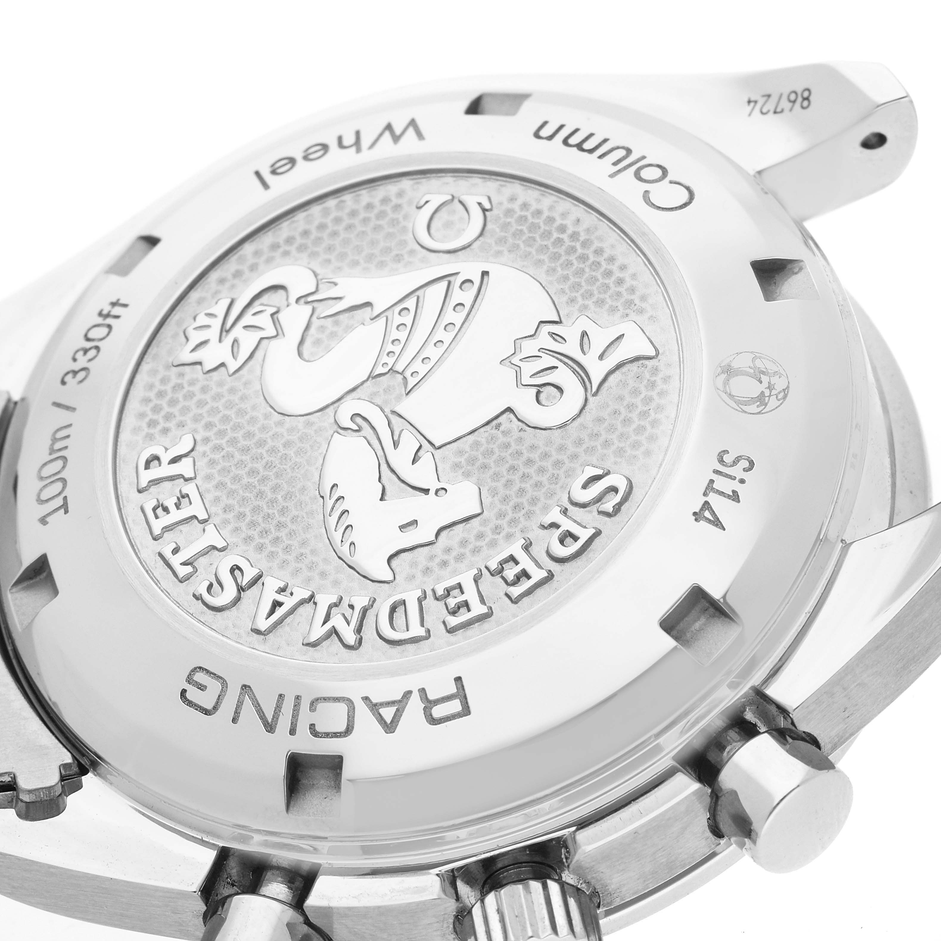 This image shows the back case of an Omega Speedmaster 326.30.40.50.11.001 Men's Stainless Steel Red Dial 326.30.40.50.11.001 Men's Stainless Steel Red Dial Racing watch, including the crown and pushers.