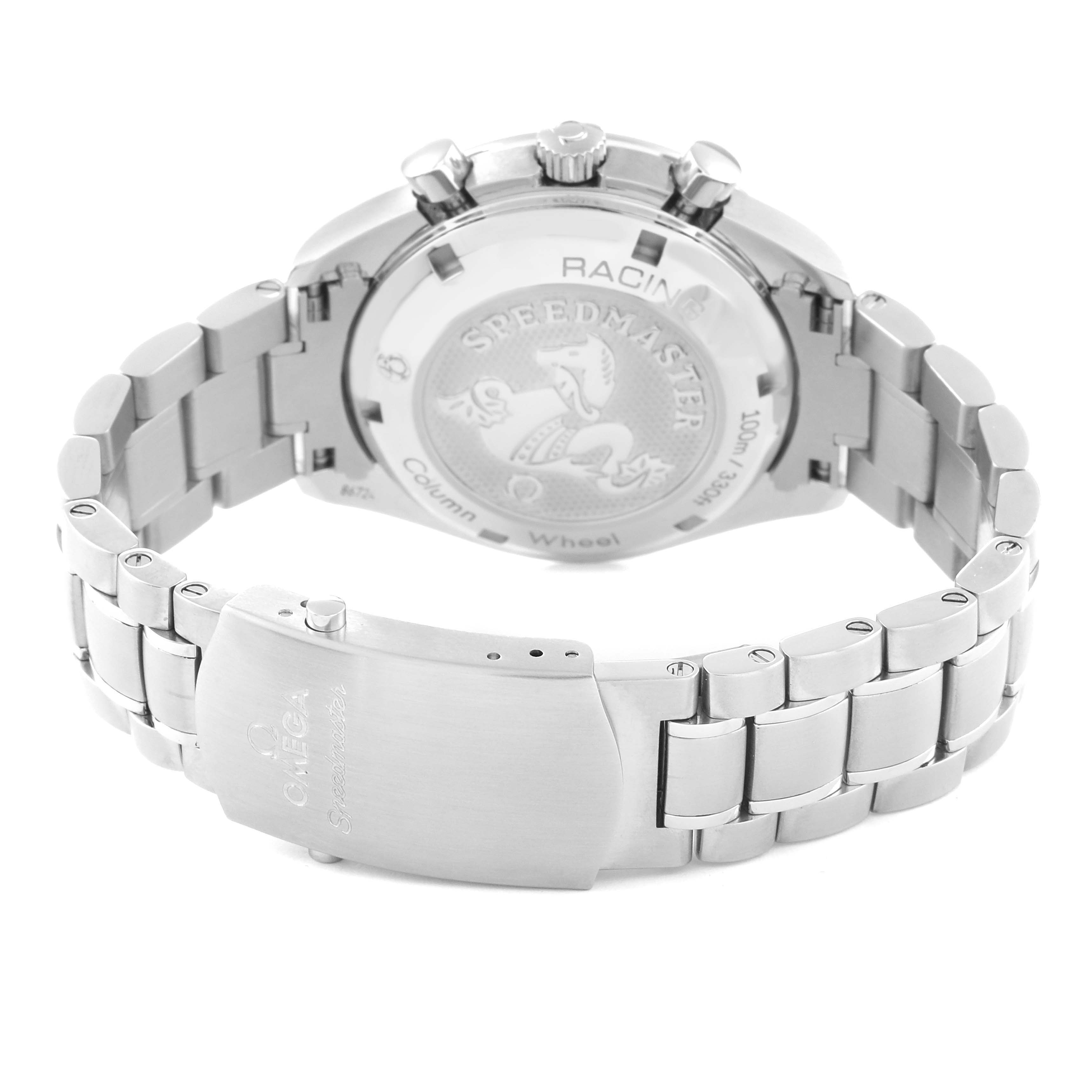 This image displays the case back and bracelet of an Omega Speedmaster 326.30.40.50.11.001 Men's Stainless Steel Red Dial 326.30.40.50.11.001 Men's Stainless Steel Red Dial watch from a rear angle.