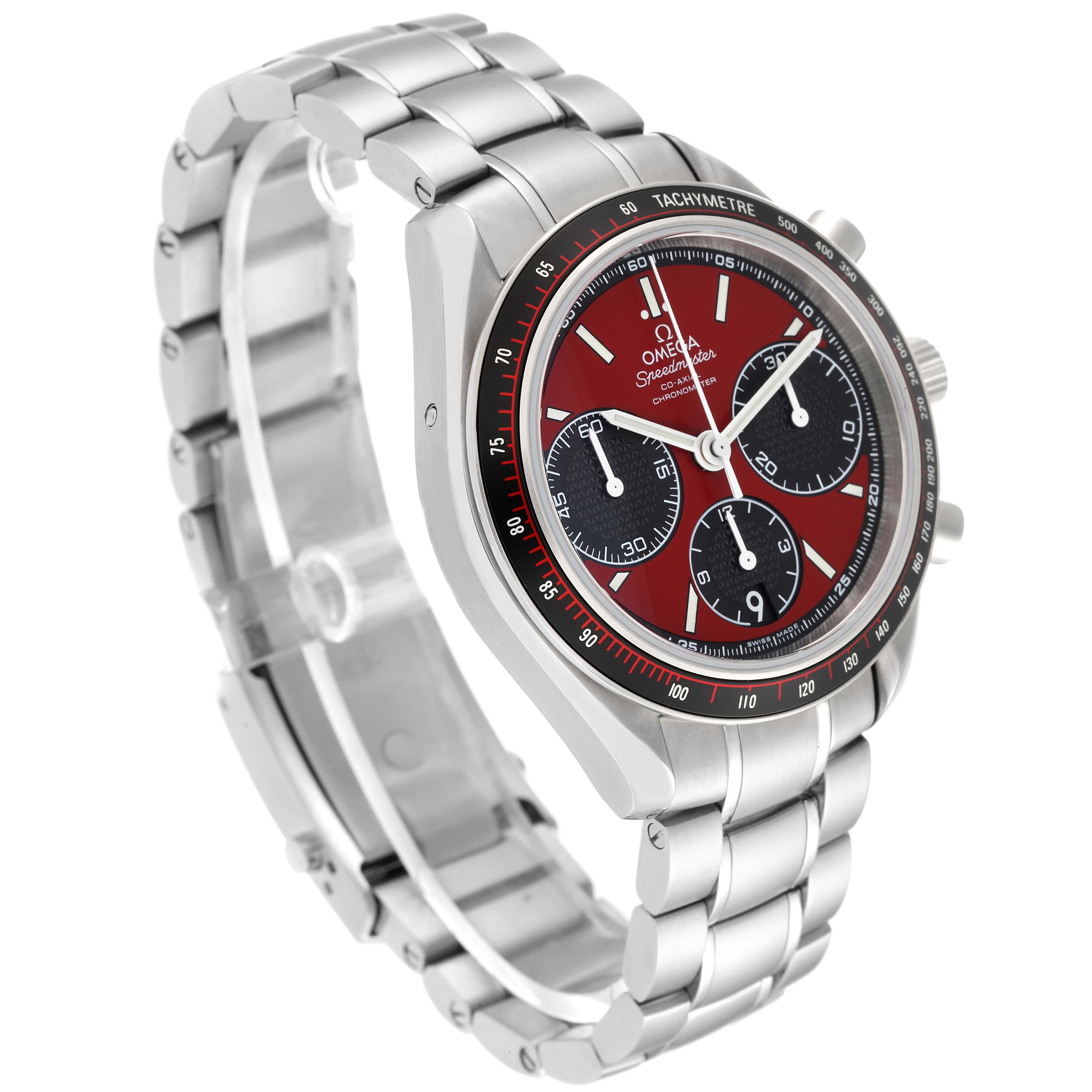 The Omega Speedmaster 326.30.40.50.11.001 Men's Stainless Steel Red Dial 326.30.40.50.11.001 Men's Stainless Steel Red Dial watch is shown at an angle highlighting its face, side buttons, and metal strap.