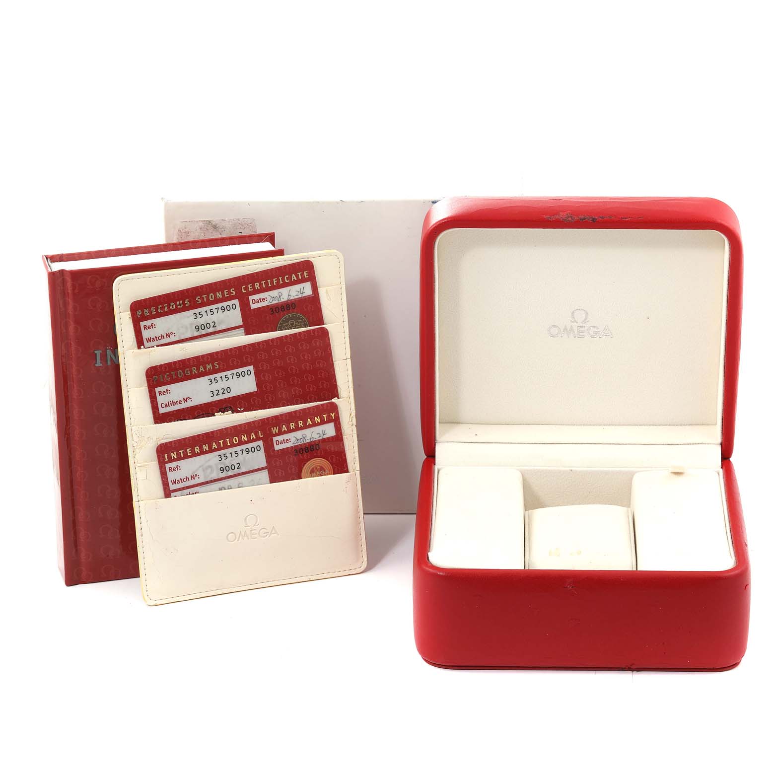 This image shows an Omega Speedmaster 3515.79.00 Men's Stainless Steel Mother of Pearl Dial 3515.79.00 Men's Stainless Steel Mother of Pearl Dial watch box, international warranty cards, and an instruction manual.