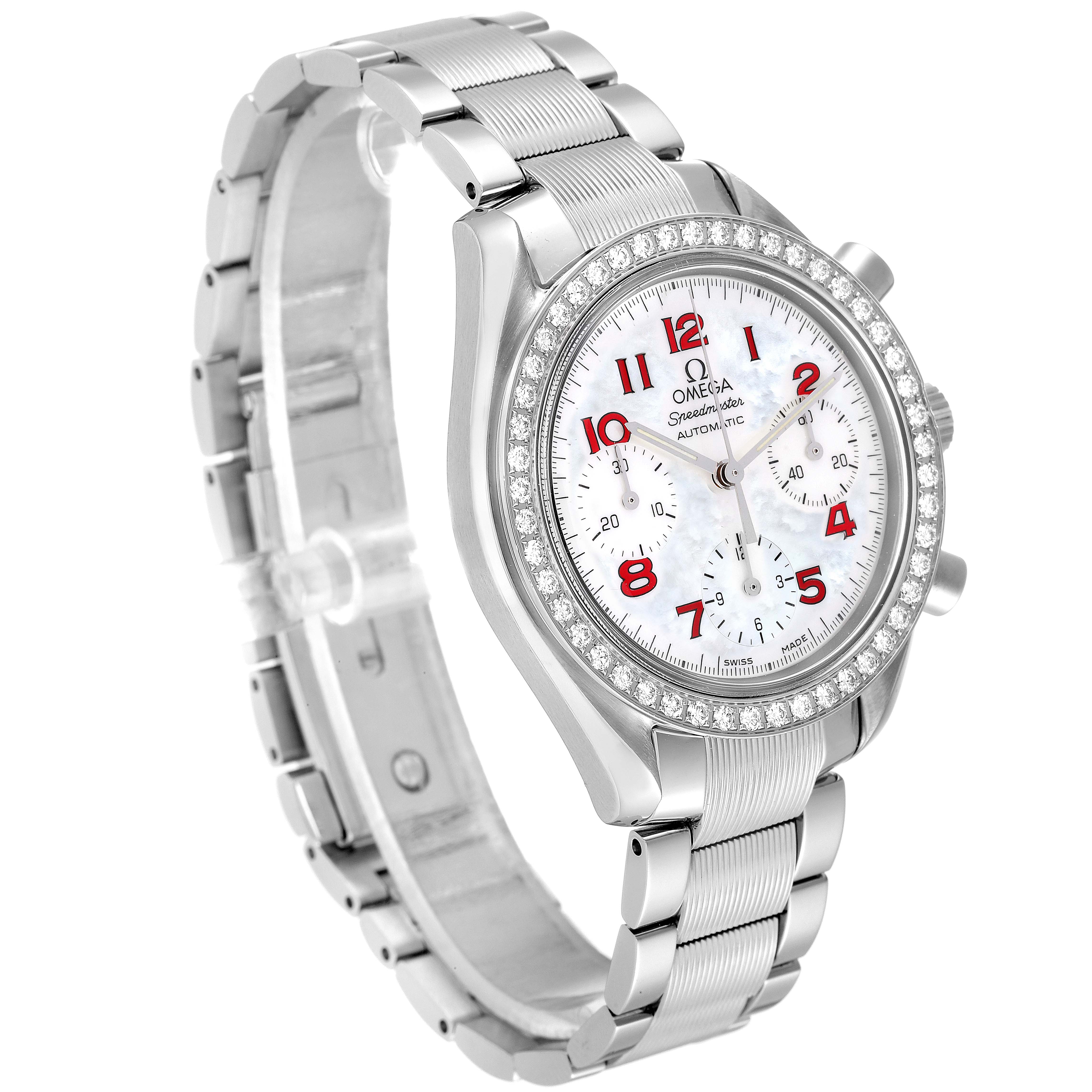 The Omega Speedmaster 3515.79.00 Men's Stainless Steel Mother of Pearl Dial 3515.79.00 Men's Stainless Steel Mother of Pearl Dial watch is shown at a three-quarter angle, featuring its dial, bezel, and full bracelet.