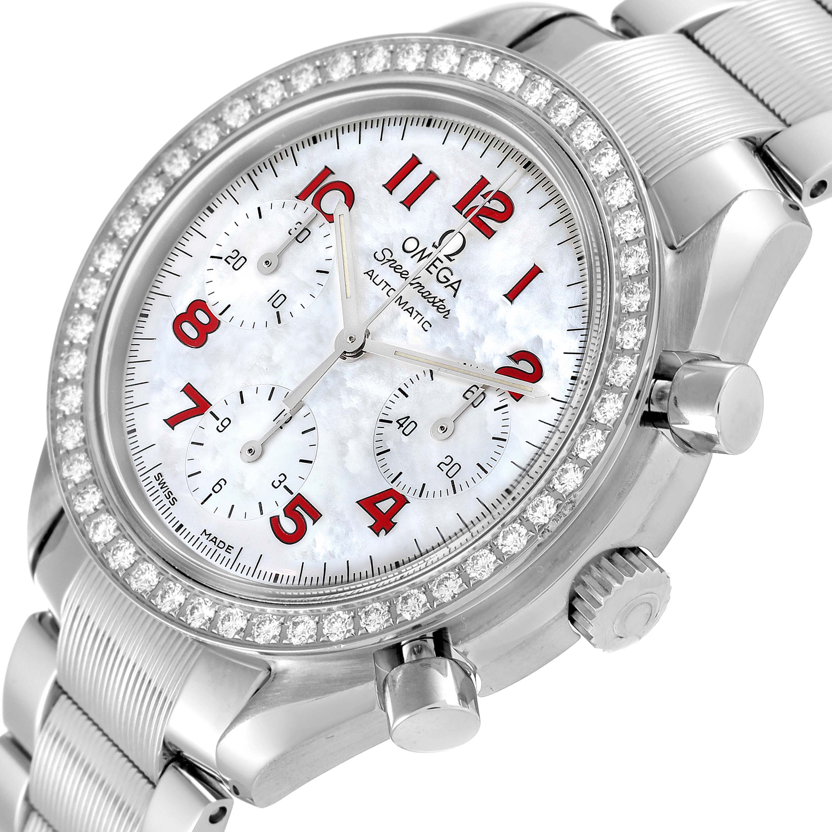 The image shows an angled view of the Omega Speedmaster 3515.79.00 Men's Stainless Steel Mother of Pearl Dial 3515.79.00 Men's Stainless Steel Mother of Pearl Dial, highlighting the face, bezel, and part of the bracelet.