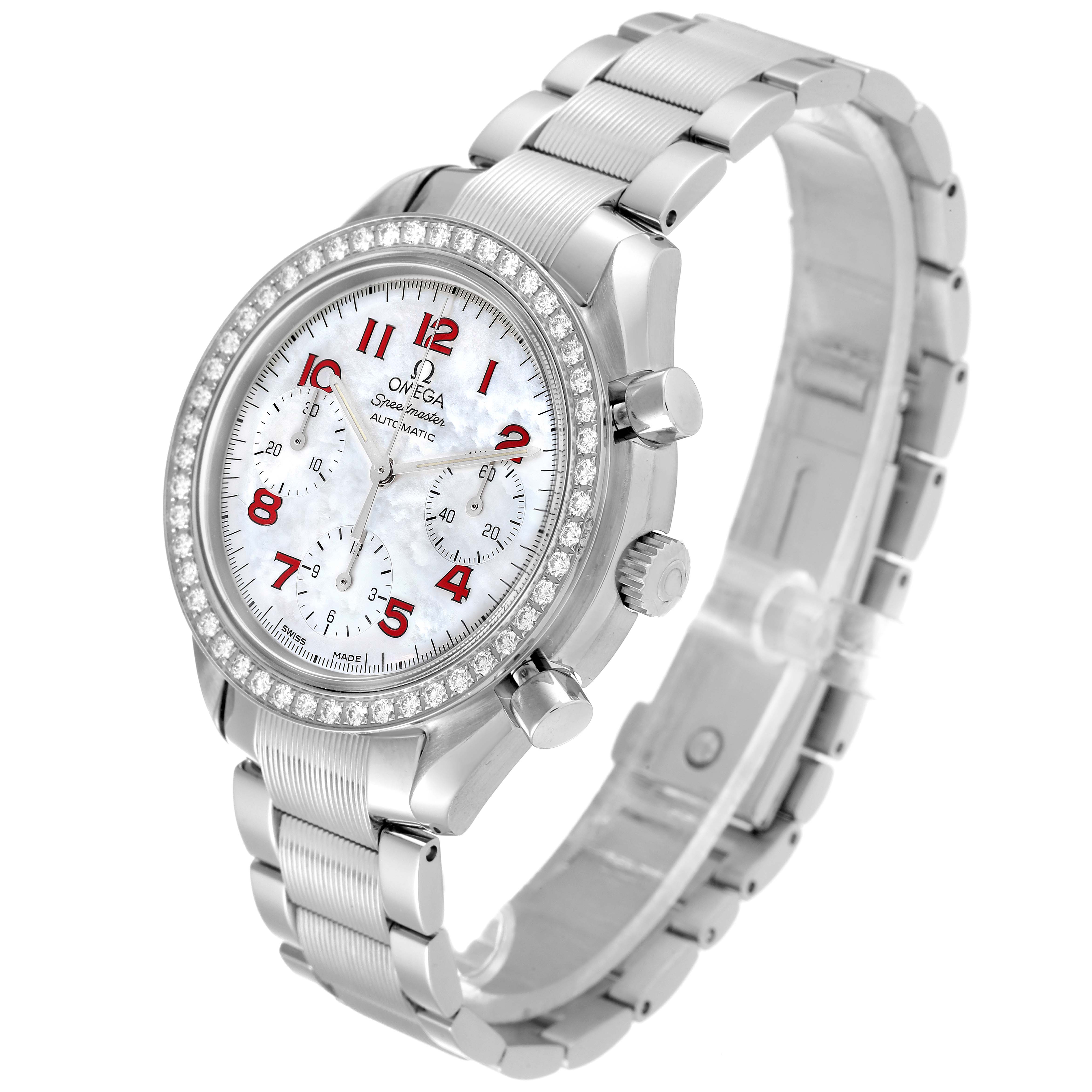 The image shows an Omega Speedmaster 3515.79.00 Men's Stainless Steel Mother of Pearl Dial 3515.79.00 Men's Stainless Steel Mother of Pearl Dial watch from the front-left angle, highlighting the face, bezel, and metal bracelet.