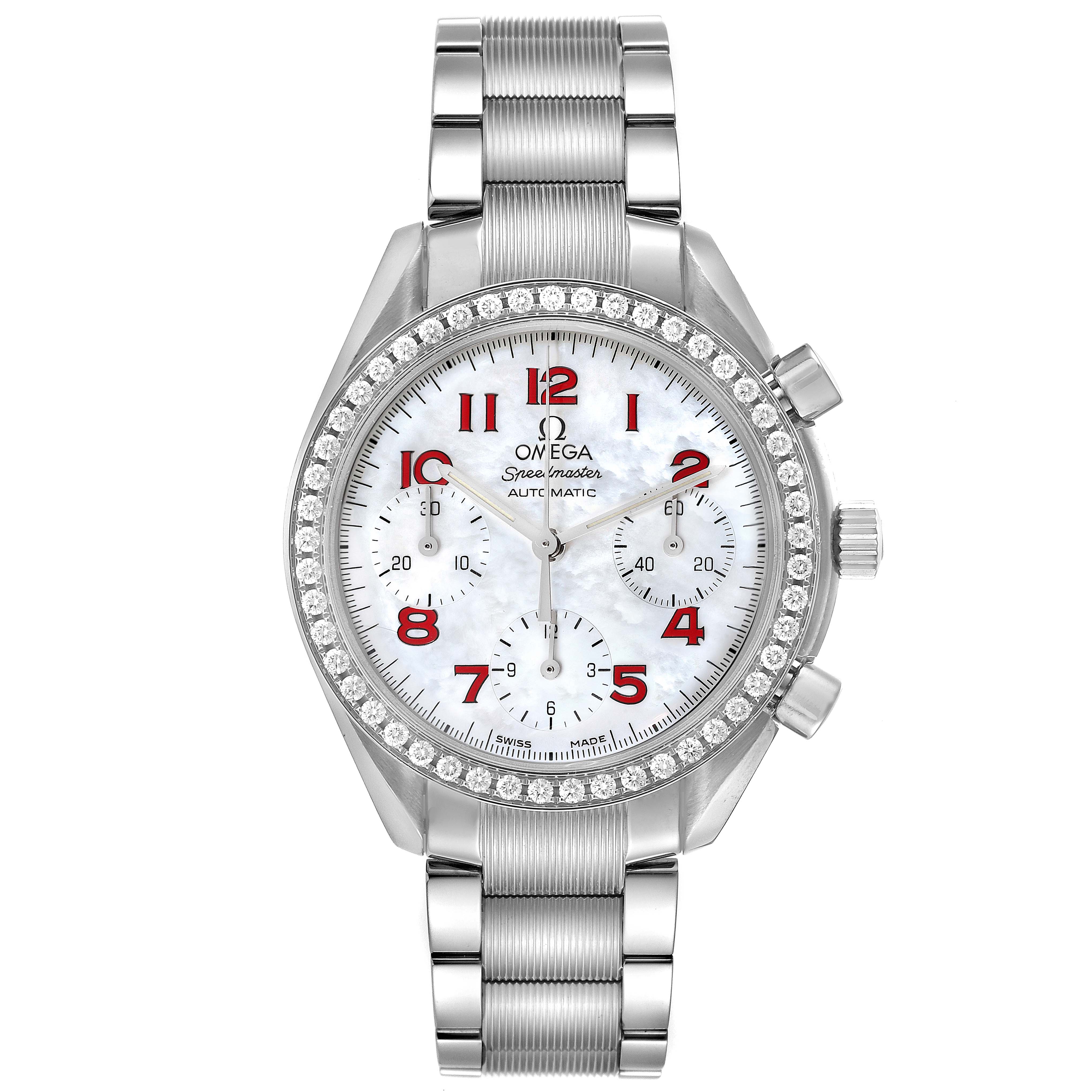 The image shows an Omega Speedmaster 3515.79.00 Men's Stainless Steel Mother of Pearl Dial 3515.79.00 Men's Stainless Steel Mother of Pearl Dial watch from the front, highlighting its dial, bezel, and bracelet.