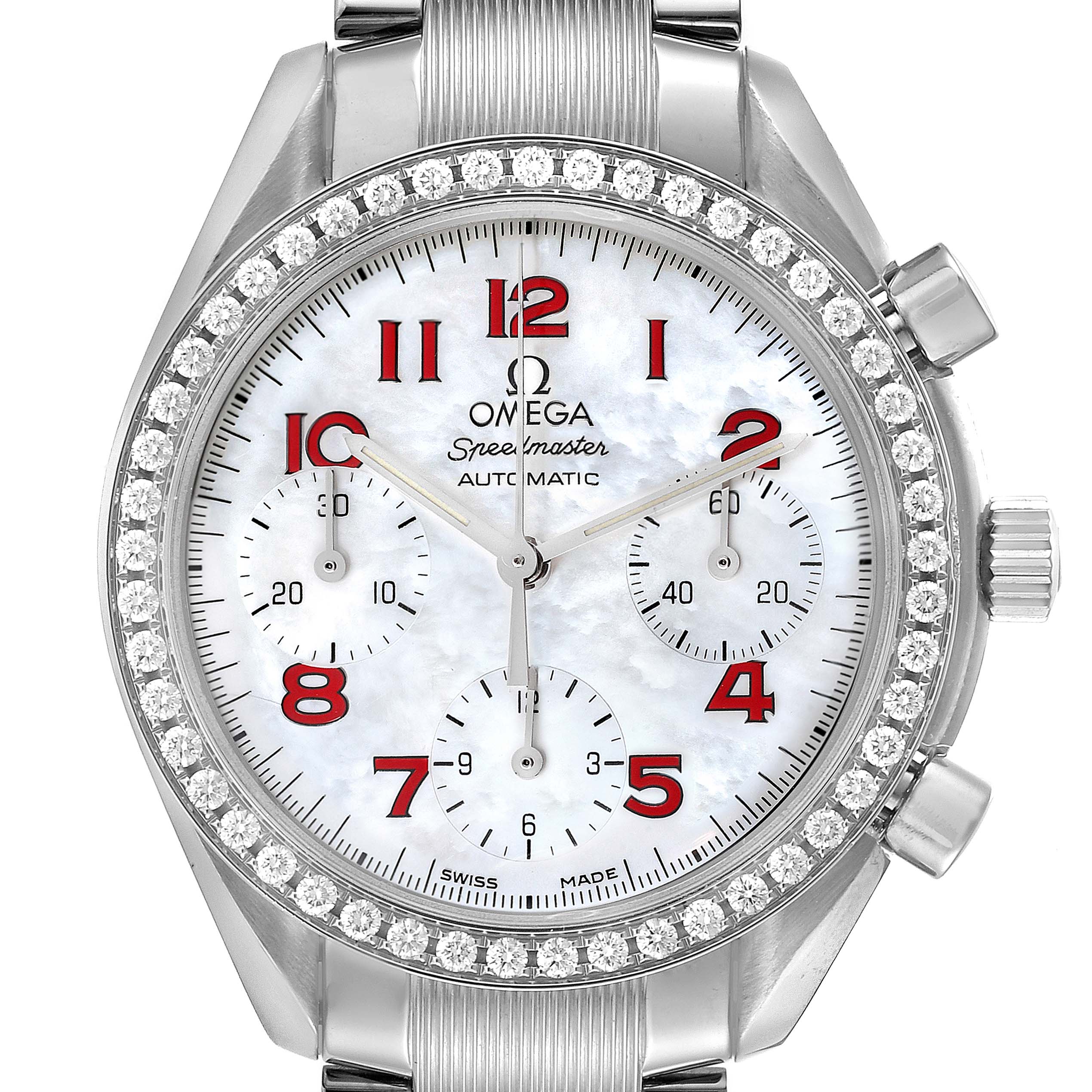 This image shows a frontal view of the Omega Speedmaster 3515.79.00 Men's Stainless Steel Mother of Pearl Dial 3515.79.00 Men's Stainless Steel Mother of Pearl Dial watch, highlighting the dial, bezel, and part of the bracelet.