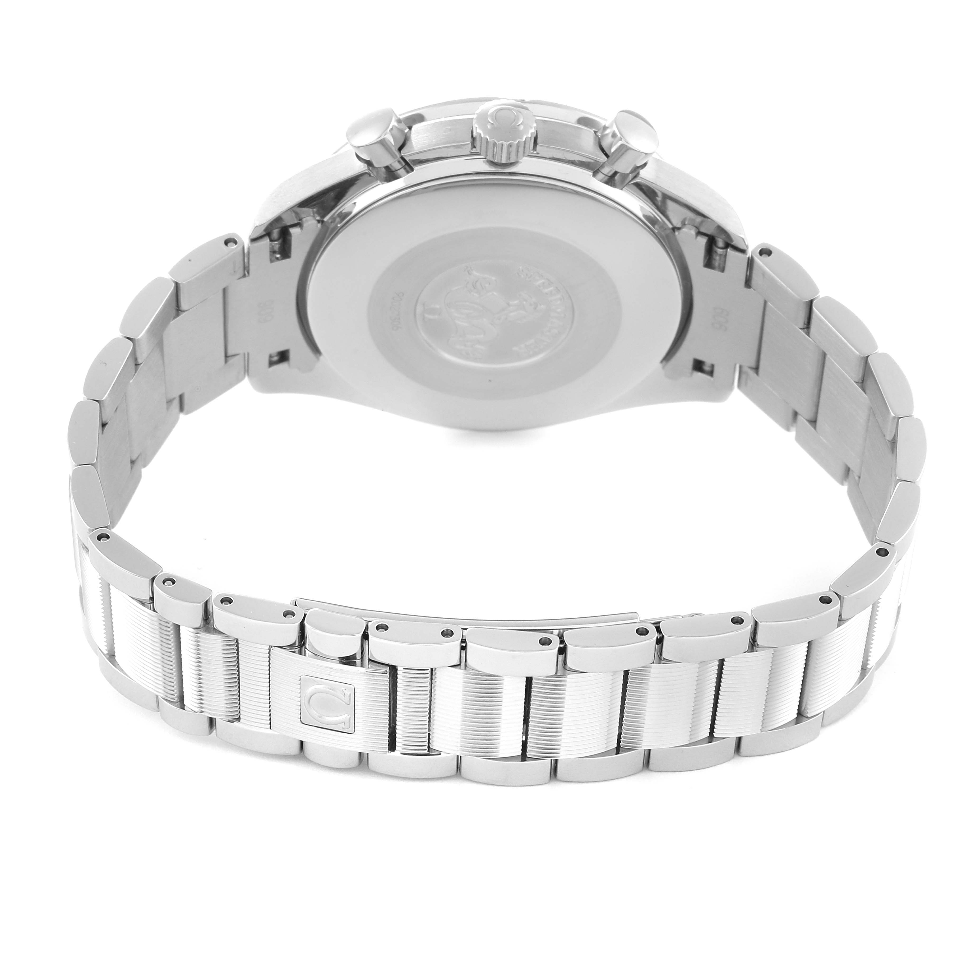 The image shows the back case and metal bracelet of the Omega Speedmaster 3515.79.00 Men's Stainless Steel Mother of Pearl Dial 3515.79.00 Men's Stainless Steel Mother of Pearl Dial watch from a rear angle.