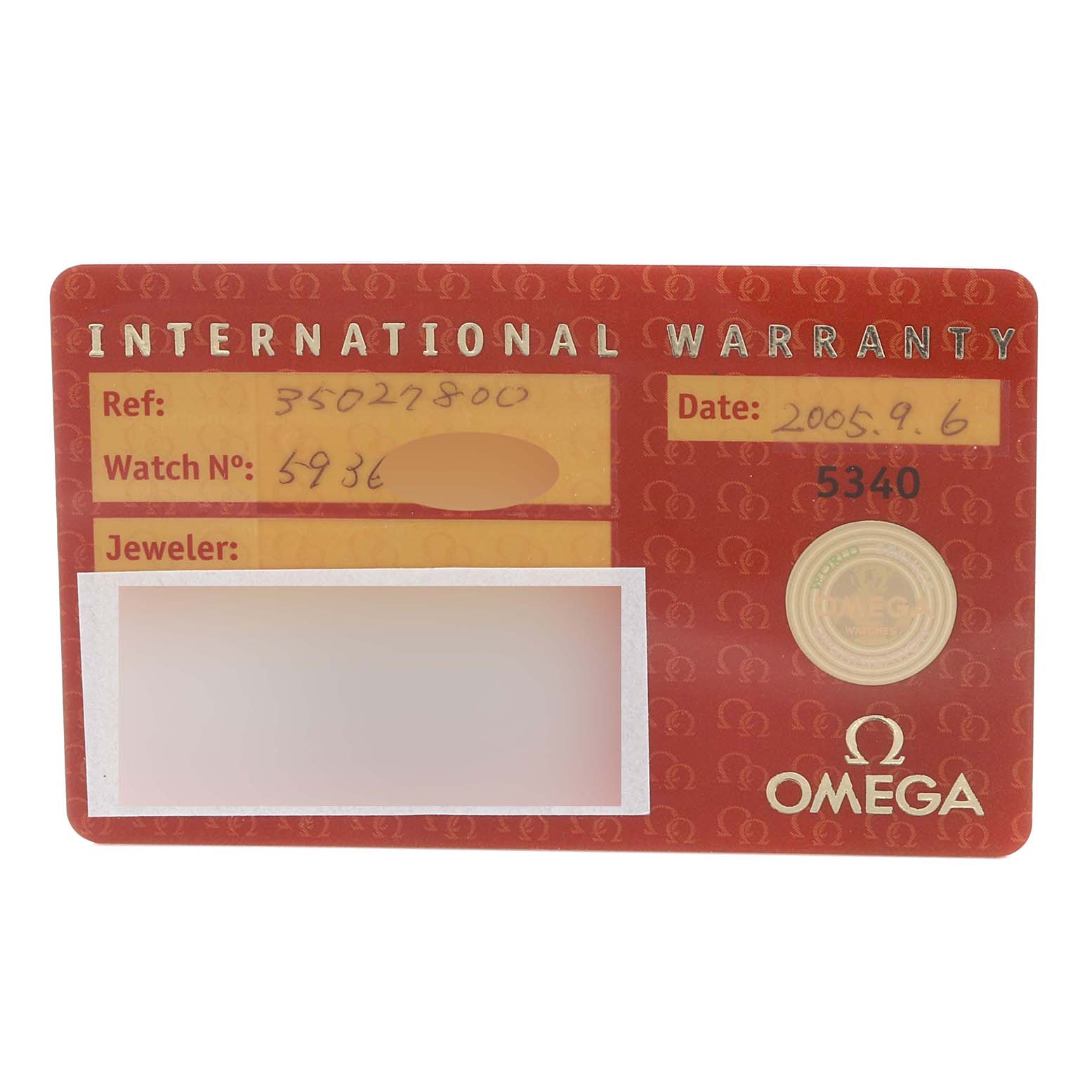 This image shows the International Warranty card for an Omega Speedmaster 3502.78.00 Men's Stainless Steel Mother of Pearl Dial 3502.78.00 Men's Stainless Steel Mother of Pearl Dial watch.