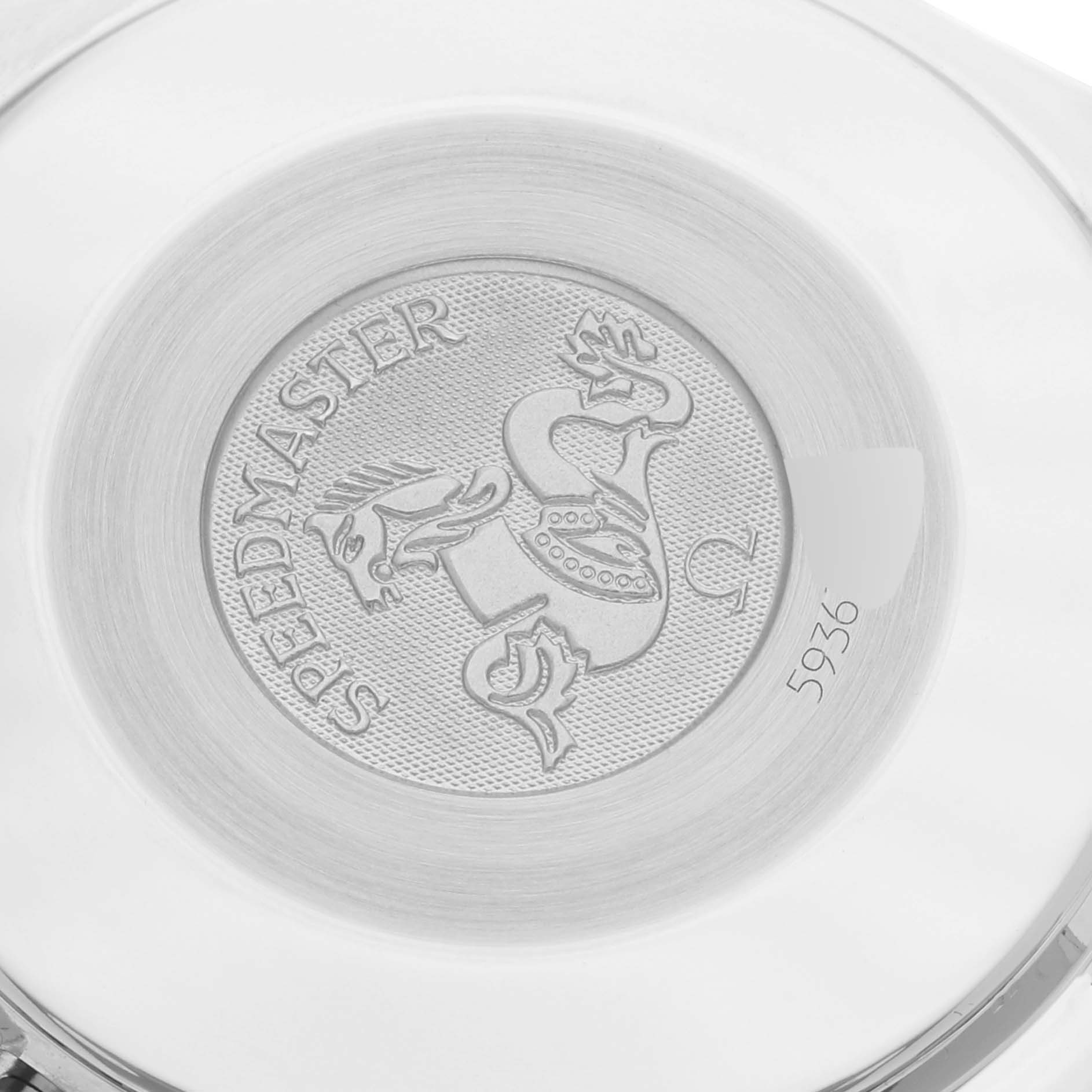 The image shows the engraved case back of an Omega Speedmaster 3502.78.00 Men's Stainless Steel Mother of Pearl Dial 3502.78.00 Men's Stainless Steel Mother of Pearl Dial watch.