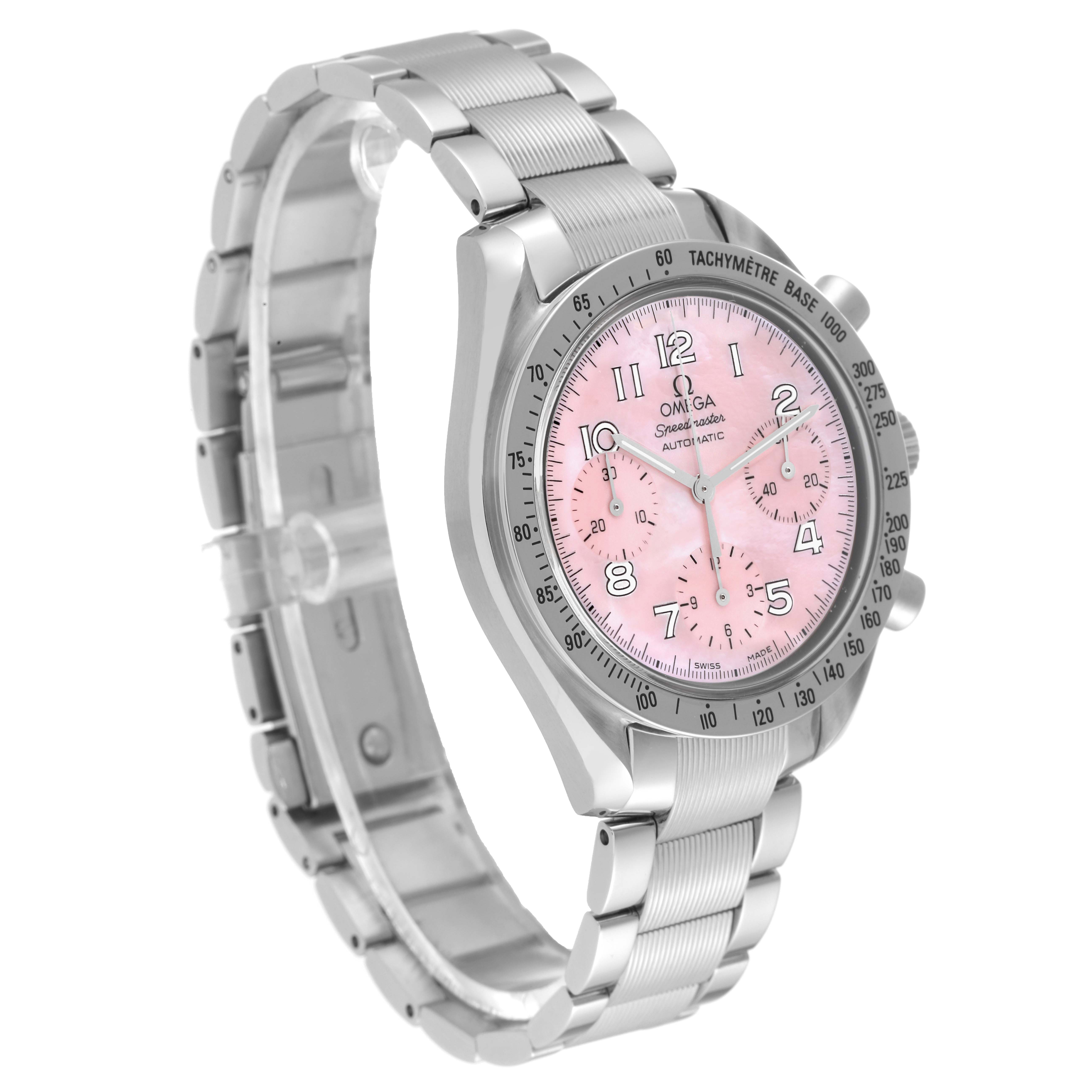 The Omega Speedmaster 3502.78.00 Men's Stainless Steel Mother of Pearl Dial 3502.78.00 Men's Stainless Steel Mother of Pearl Dial watch in the image is shown from an angled side and front view, highlighting its pink dial and stainless steel bracelet.