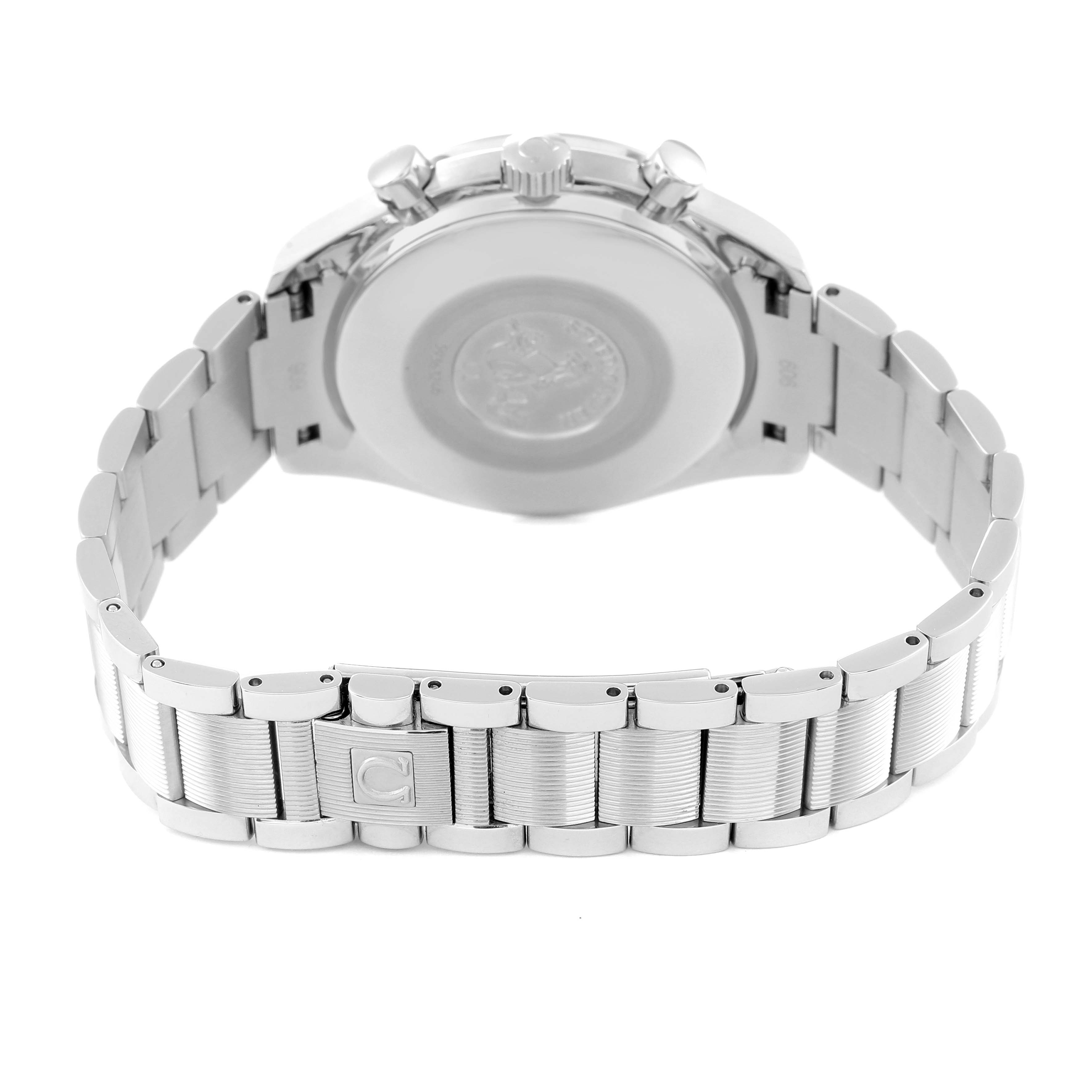 The image shows the backside and bracelet of an Omega Speedmaster 3502.78.00 Men's Stainless Steel Mother of Pearl Dial 3502.78.00 Men's Stainless Steel Mother of Pearl Dial watch from a rear angle.