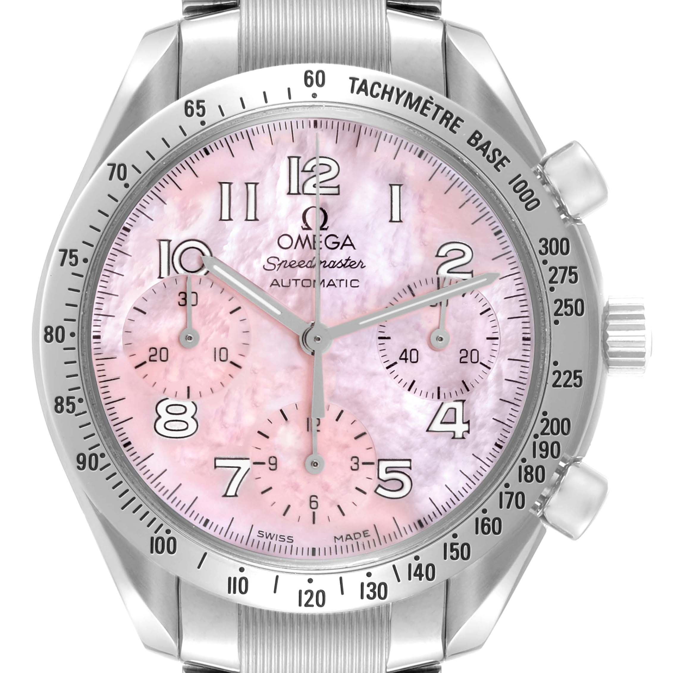 This image shows the face of an Omega Speedmaster 3502.78.00 Men's Stainless Steel Mother of Pearl Dial 3502.78.00 Men's Stainless Steel Mother of Pearl Dial watch featuring a pink dial and silver bezel with a tachymeter scale.