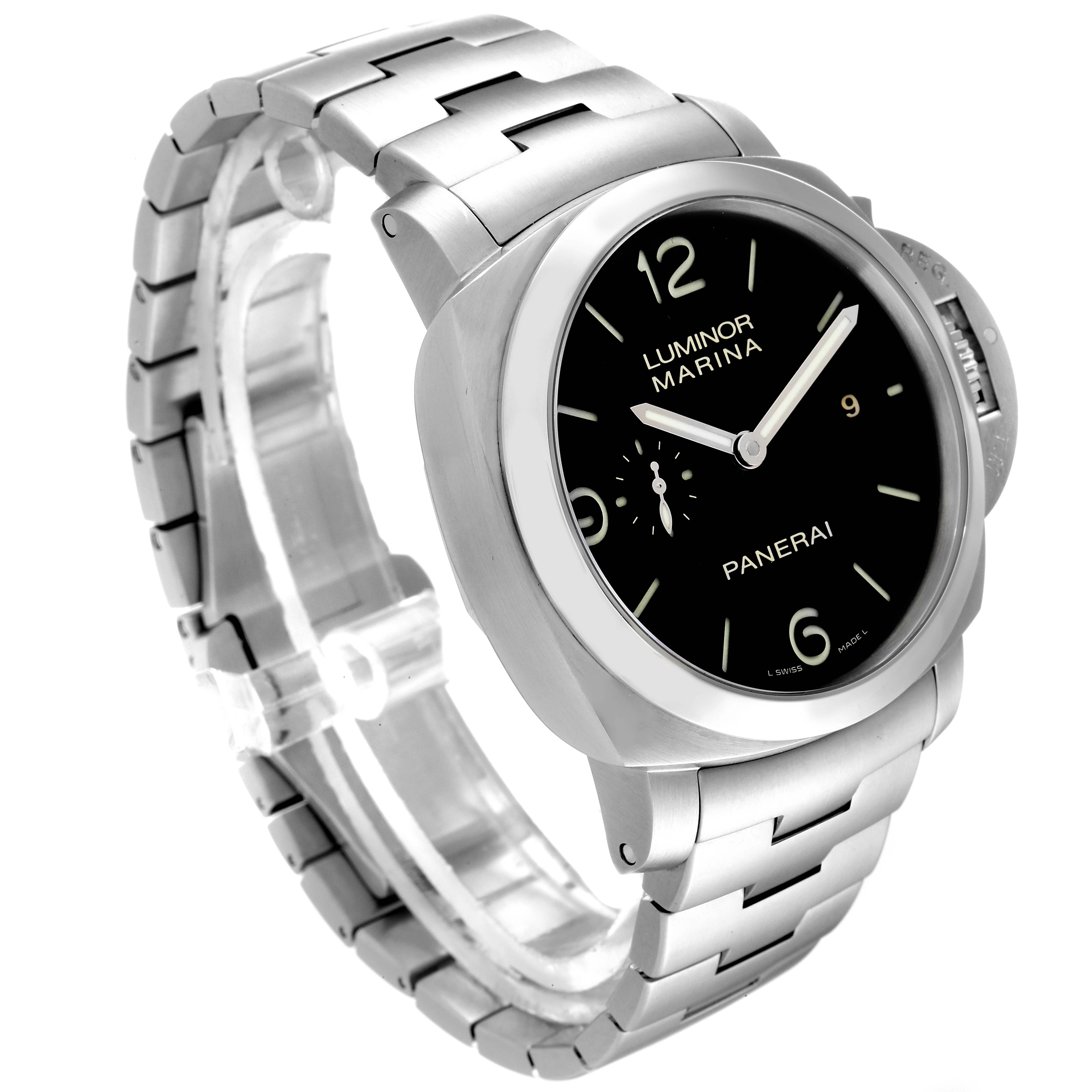 The image shows a Panerai Luminor PAM00328 Men's Stainless Steel Black Dial PAM00328 Men's Stainless Steel Black Dial Marina watch at a three-quarter angle, highlighting its dial and metal bracelet.