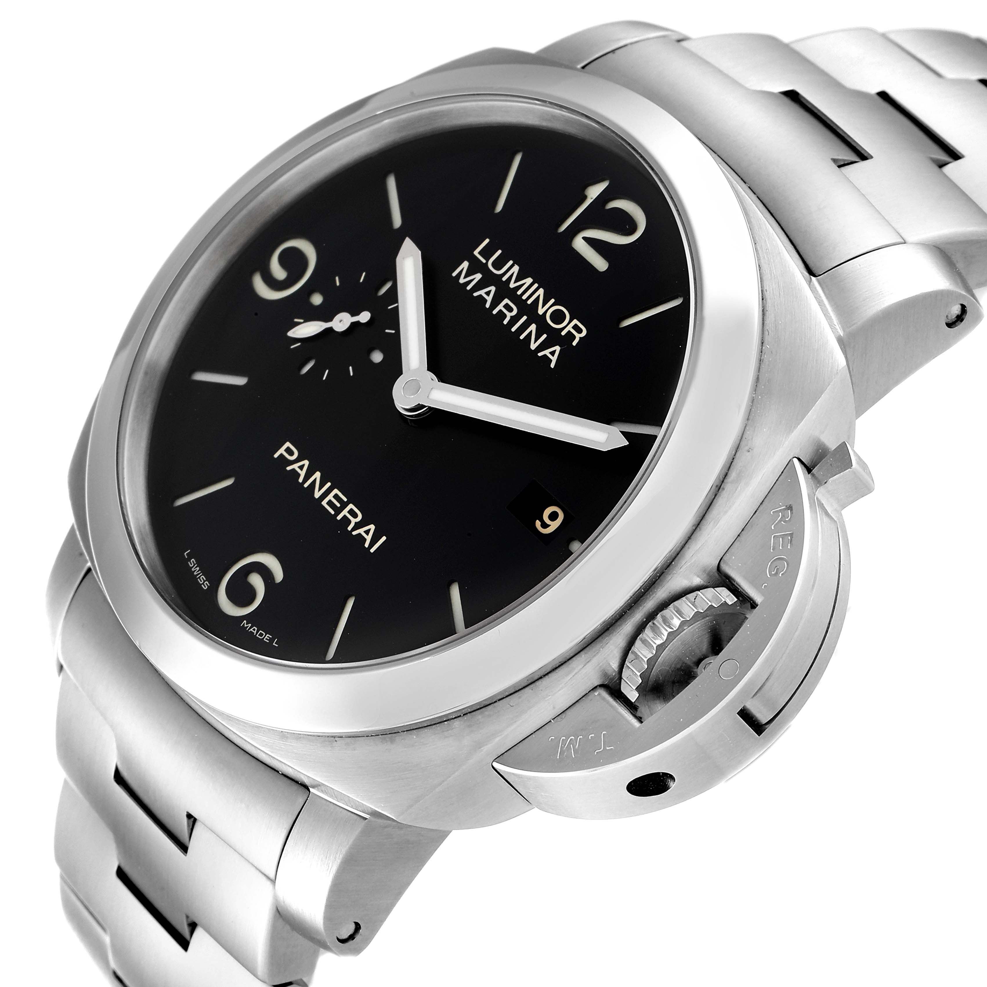 The image shows a close-up angled view of the Panerai Luminor PAM00328 Men's Stainless Steel Black Dial PAM00328 Men's Stainless Steel Black Dial Marina watch, highlighting the dial, crown guard, and metal bracelet.