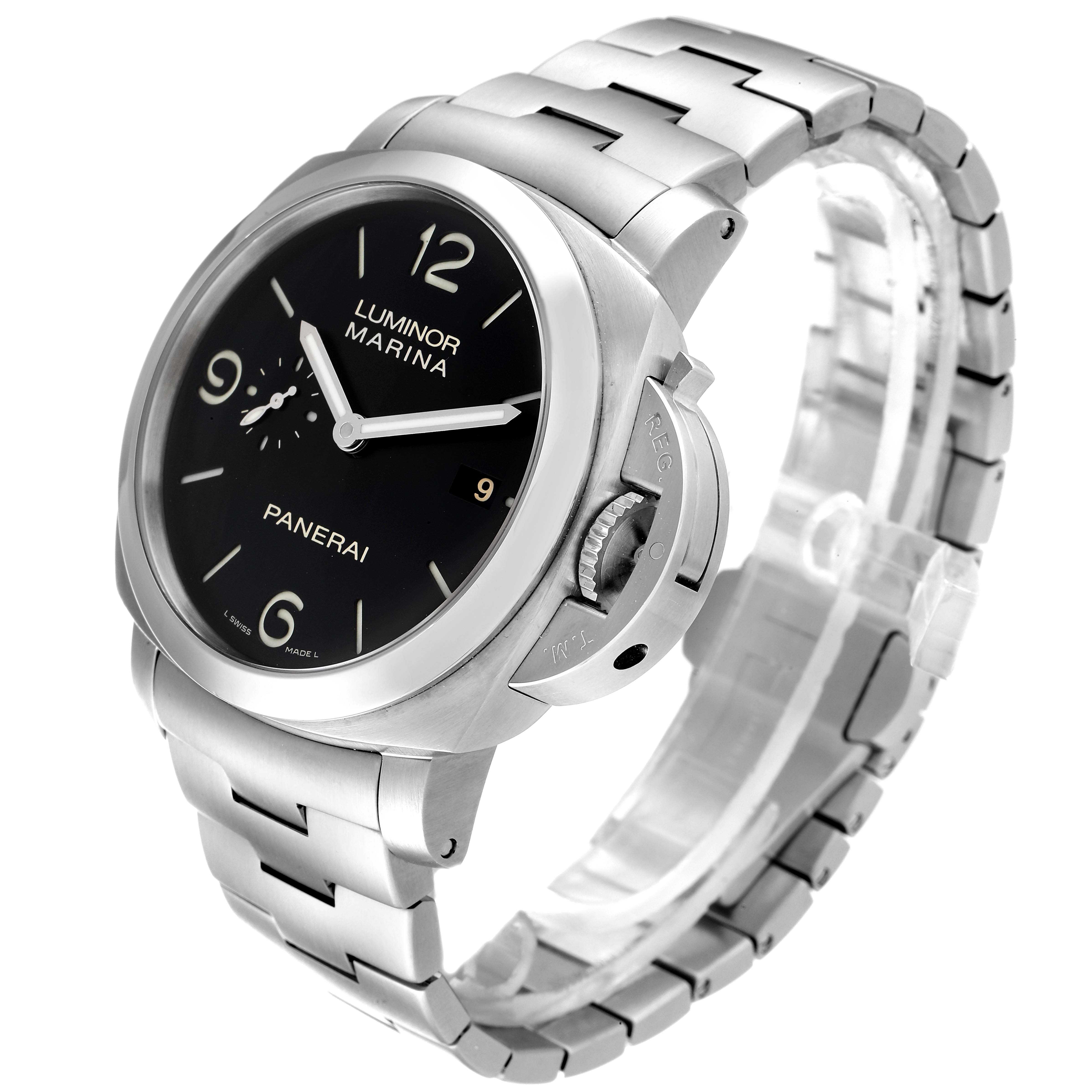 This image shows a Panerai Luminor PAM00328 Men's Stainless Steel Black Dial PAM00328 Men's Stainless Steel Black Dial watch at a three-quarter angle, highlighting its face, crown guard, and stainless steel bracelet.