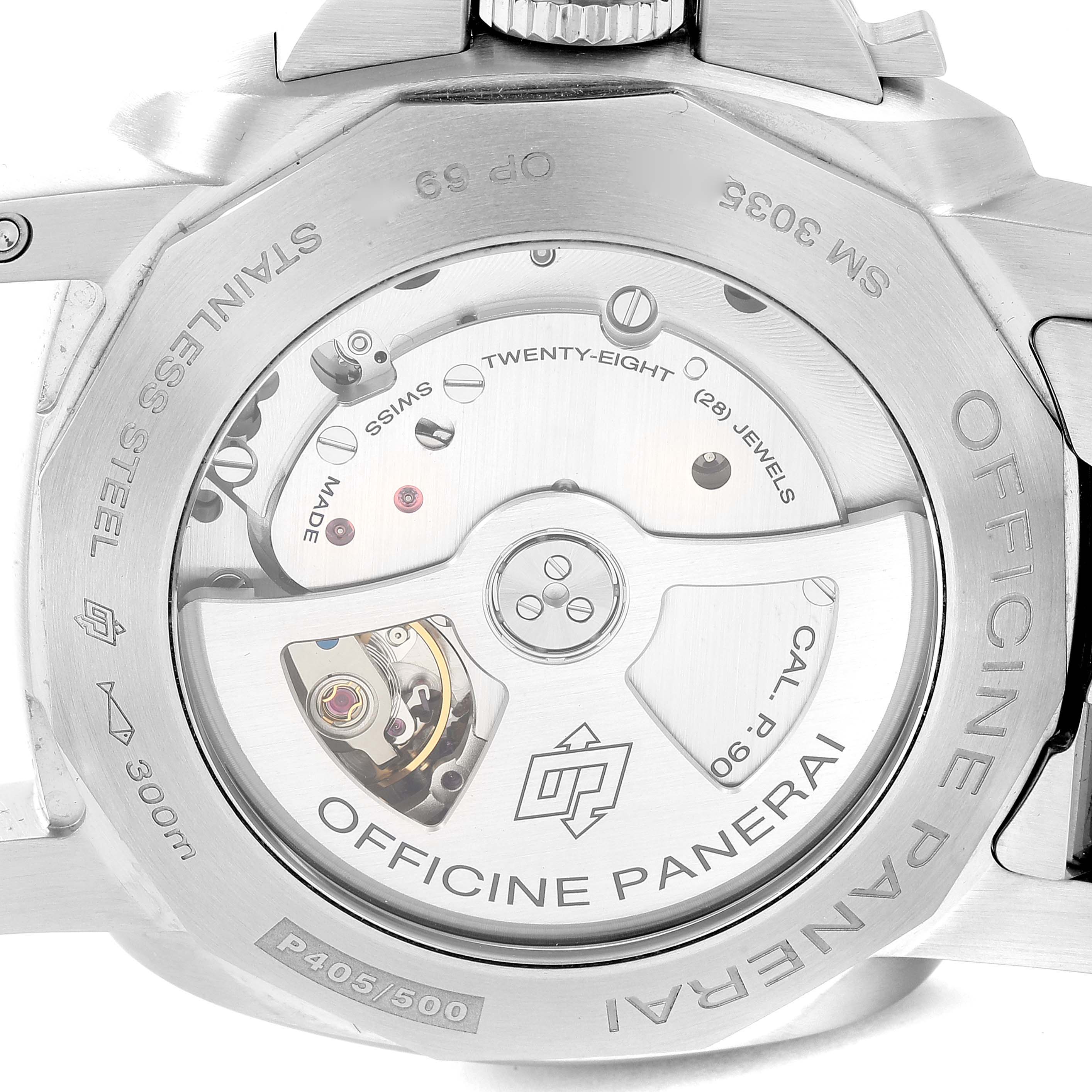 This image shows the back view of a Panerai Luminor PAM00328 Men's Stainless Steel Black Dial PAM00328 Men's Stainless Steel Black Dial watch, highlighting the movement and transparent case back.