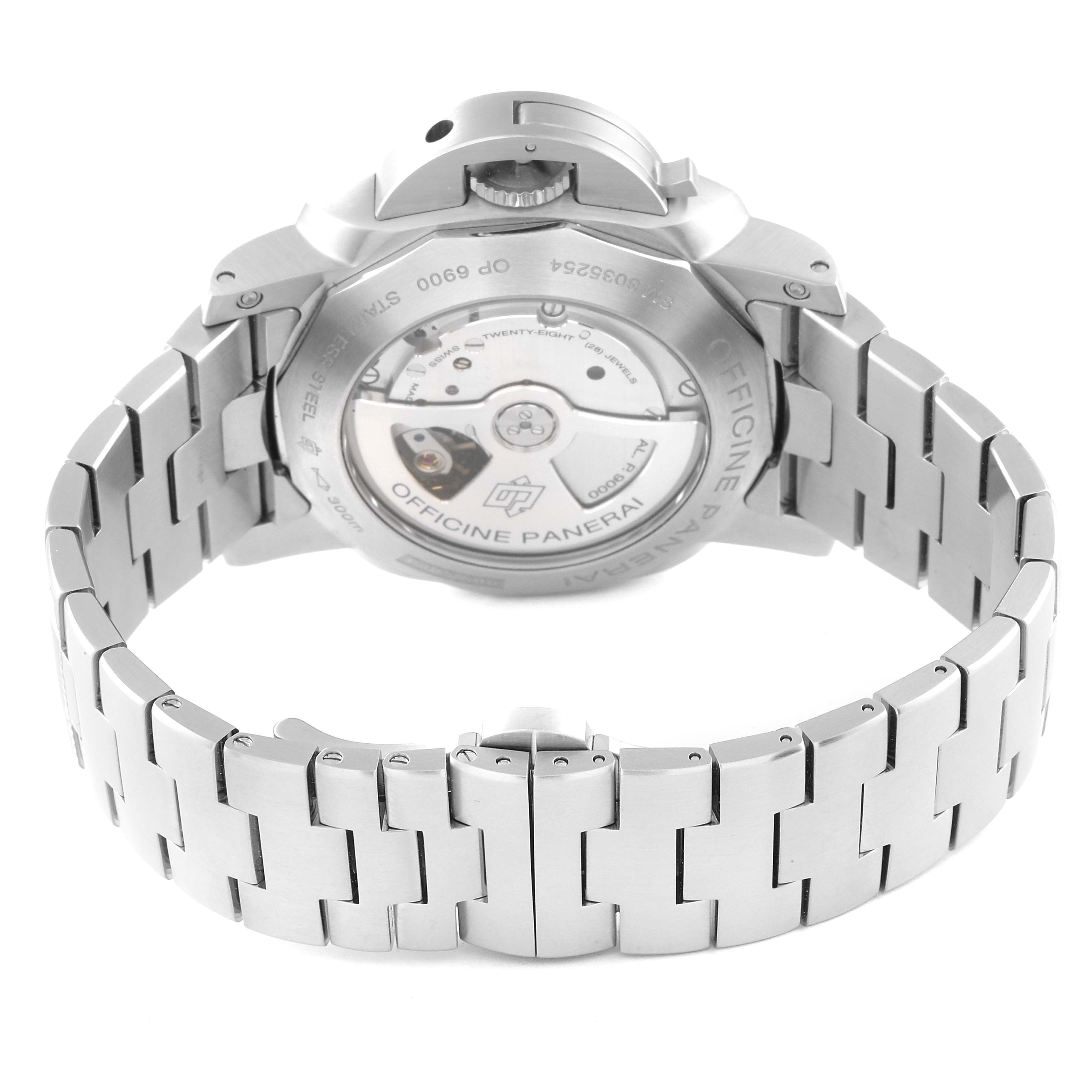 The image shows the back view of the Panerai Luminor PAM00328 Men's Stainless Steel Black Dial PAM00328 Men's Stainless Steel Black Dial watch, highlighting the transparent case back and metal bracelet.