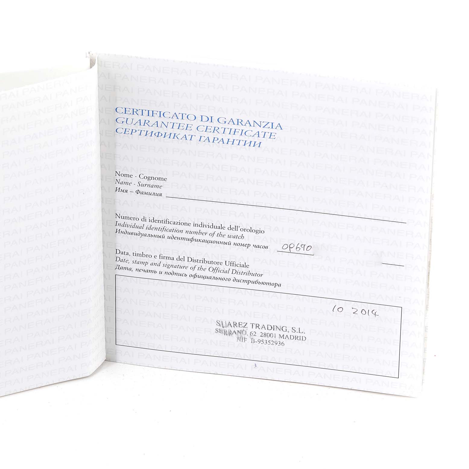 The image shows an open guarantee certificate booklet for a Panerai Luminor PAM00328 Men's Stainless Steel Black Dial PAM00328 Men's Stainless Steel Black Dial watch, displaying warranty information.