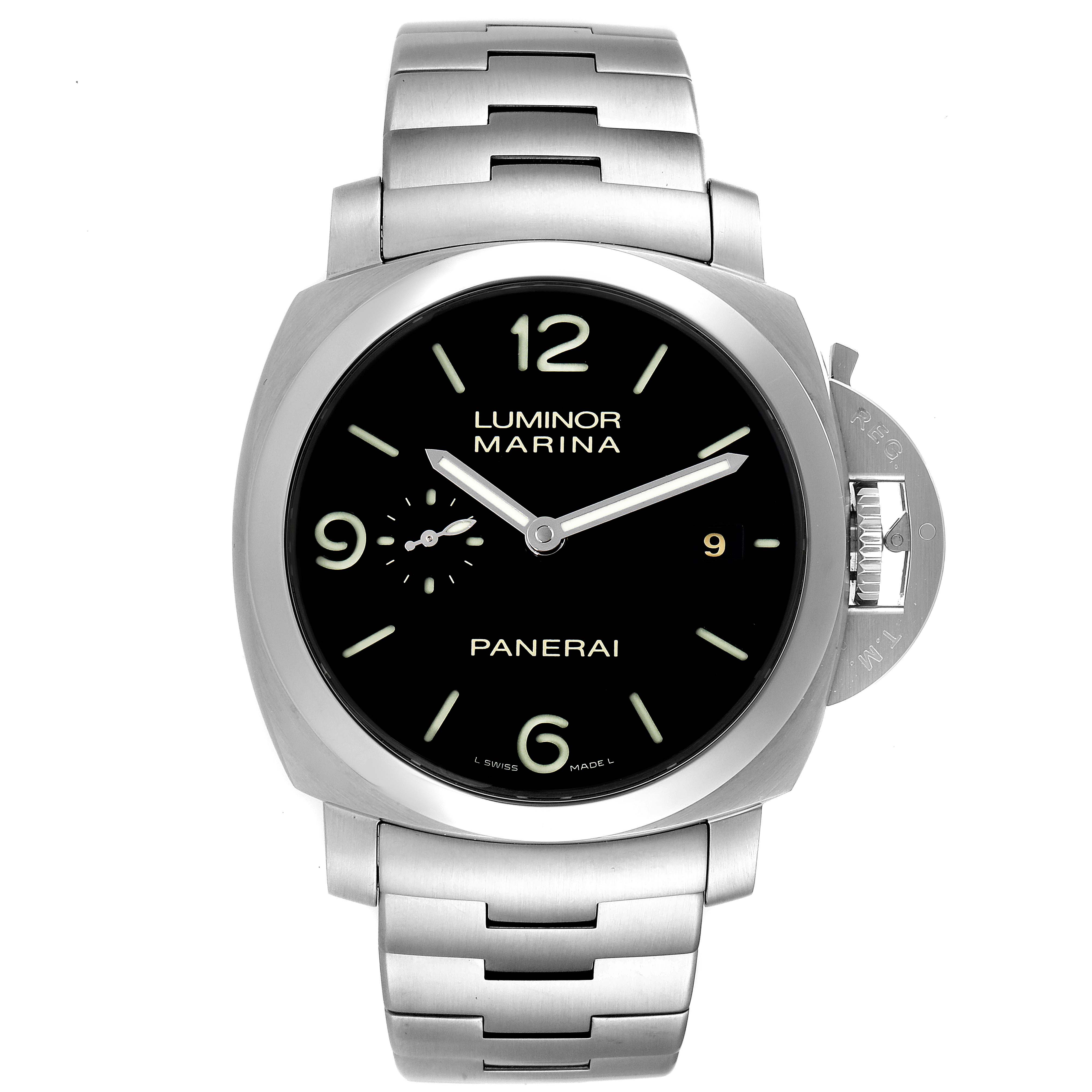 The image shows a front view of a Panerai Luminor PAM00328 Men's Stainless Steel Black Dial PAM00328 Men's Stainless Steel Black Dial Marina watch, highlighting its face, numerals, and stainless steel bracelet.