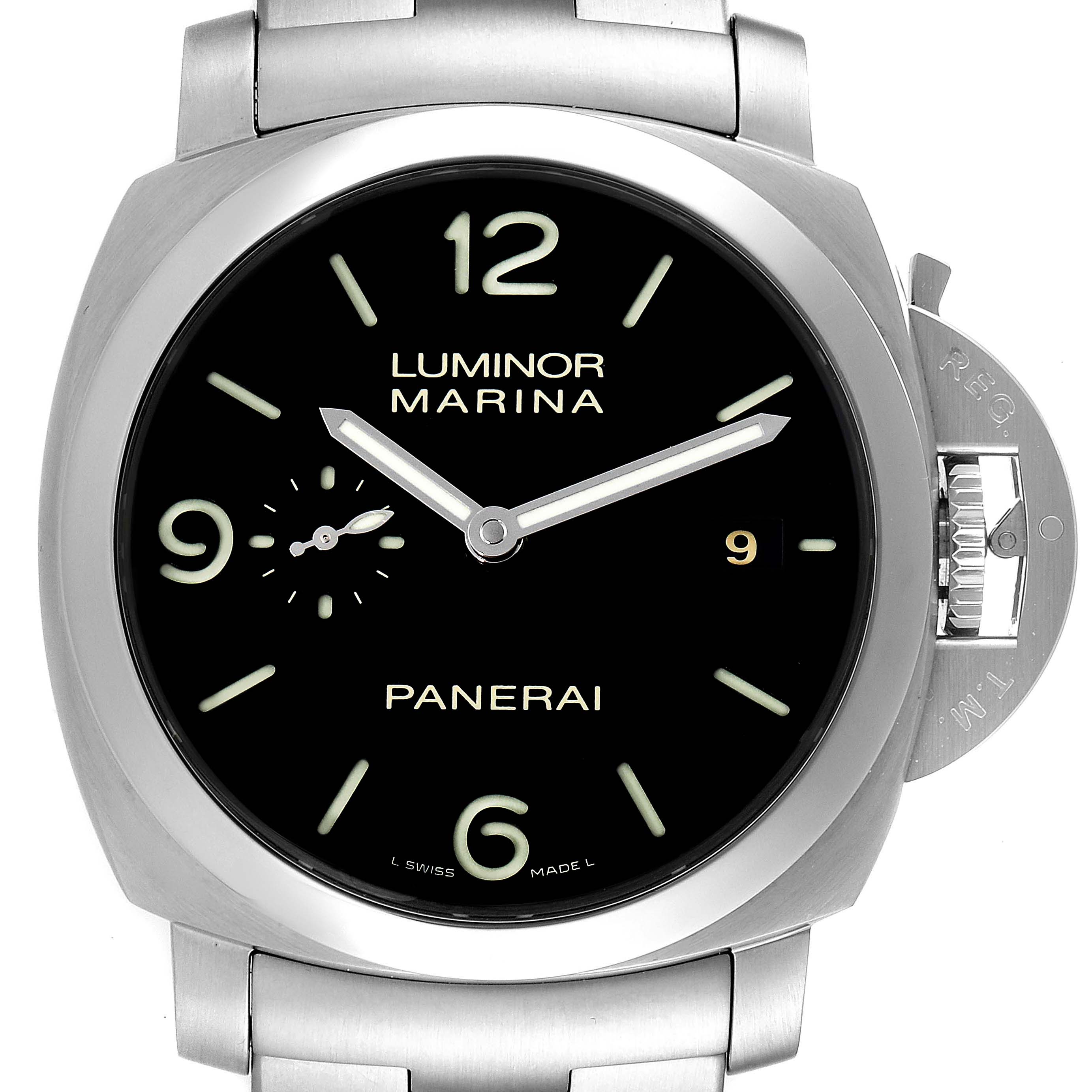 The image shows a front view of a Panerai Luminor PAM00328 Men's Stainless Steel Black Dial PAM00328 Men's Stainless Steel Black Dial Marina watch, highlighting its dial and distinctive crown guard.