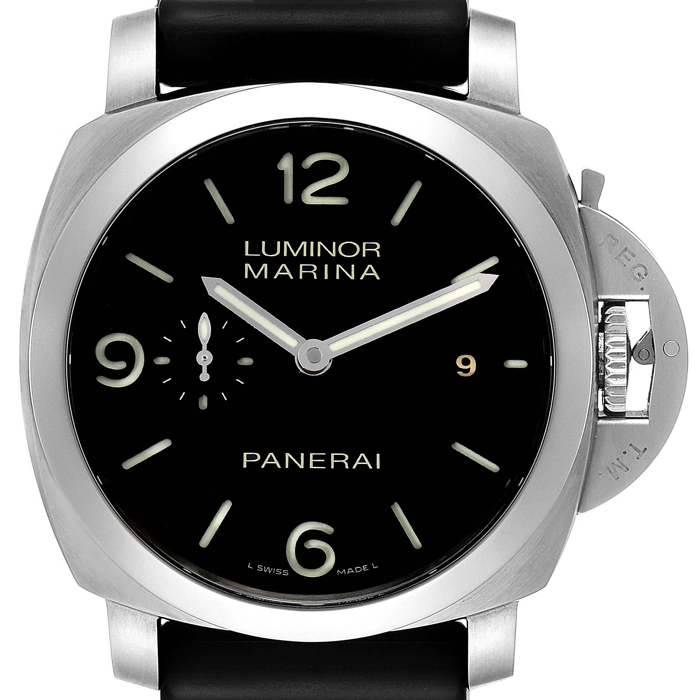 This image shows a frontal view of the Panerai Luminor PAM00312 Men
s Stainless Steel Black Dial PAM00312 Men
s Stainless Steel Black Dial Marina watch, highlighting its case, dial, and crown guard.