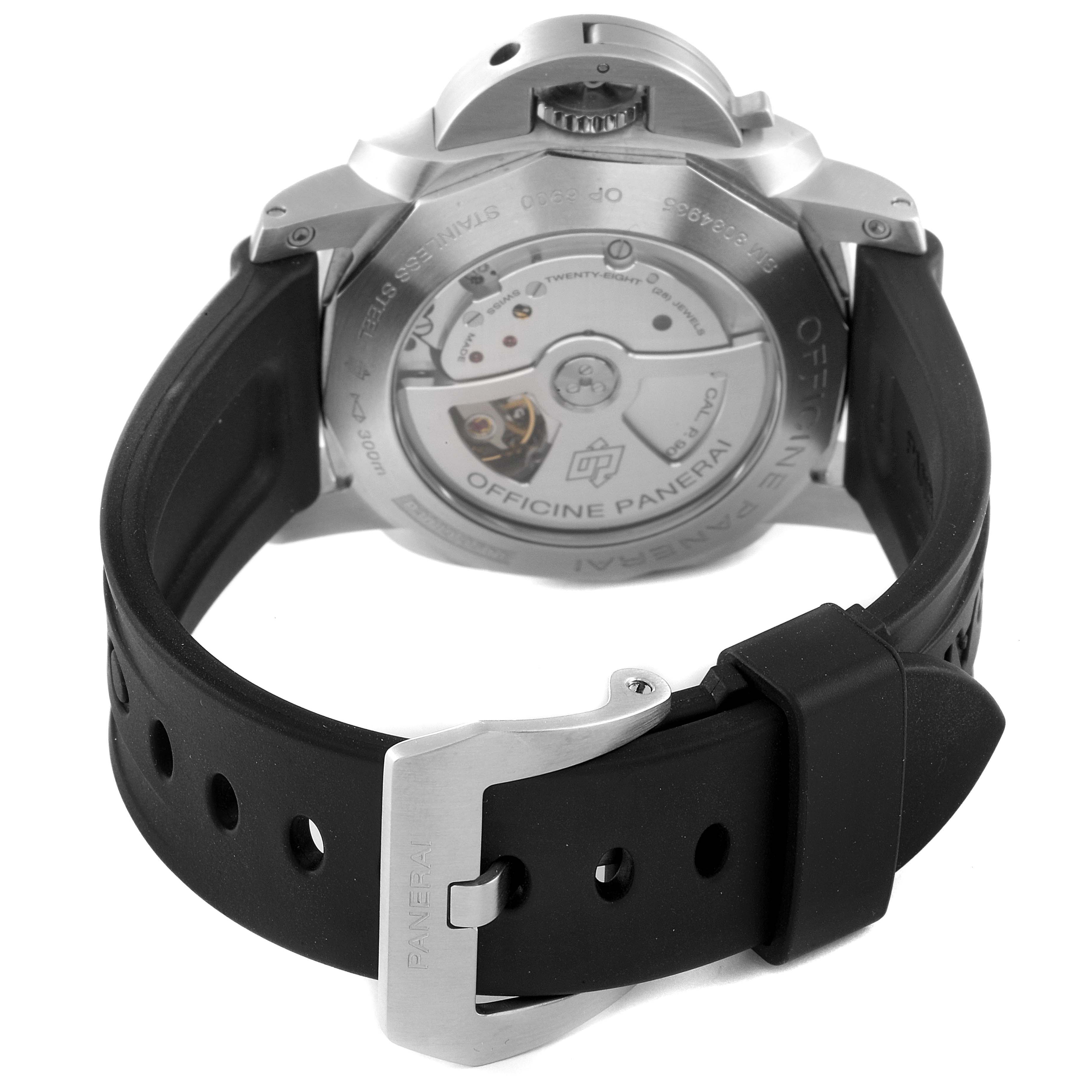 The image shows the back view of the Panerai Luminor PAM00312 Men
s Stainless Steel Black Dial PAM00312 Men
s Stainless Steel Black Dial watch, highlighting its open case back and black rubber strap.