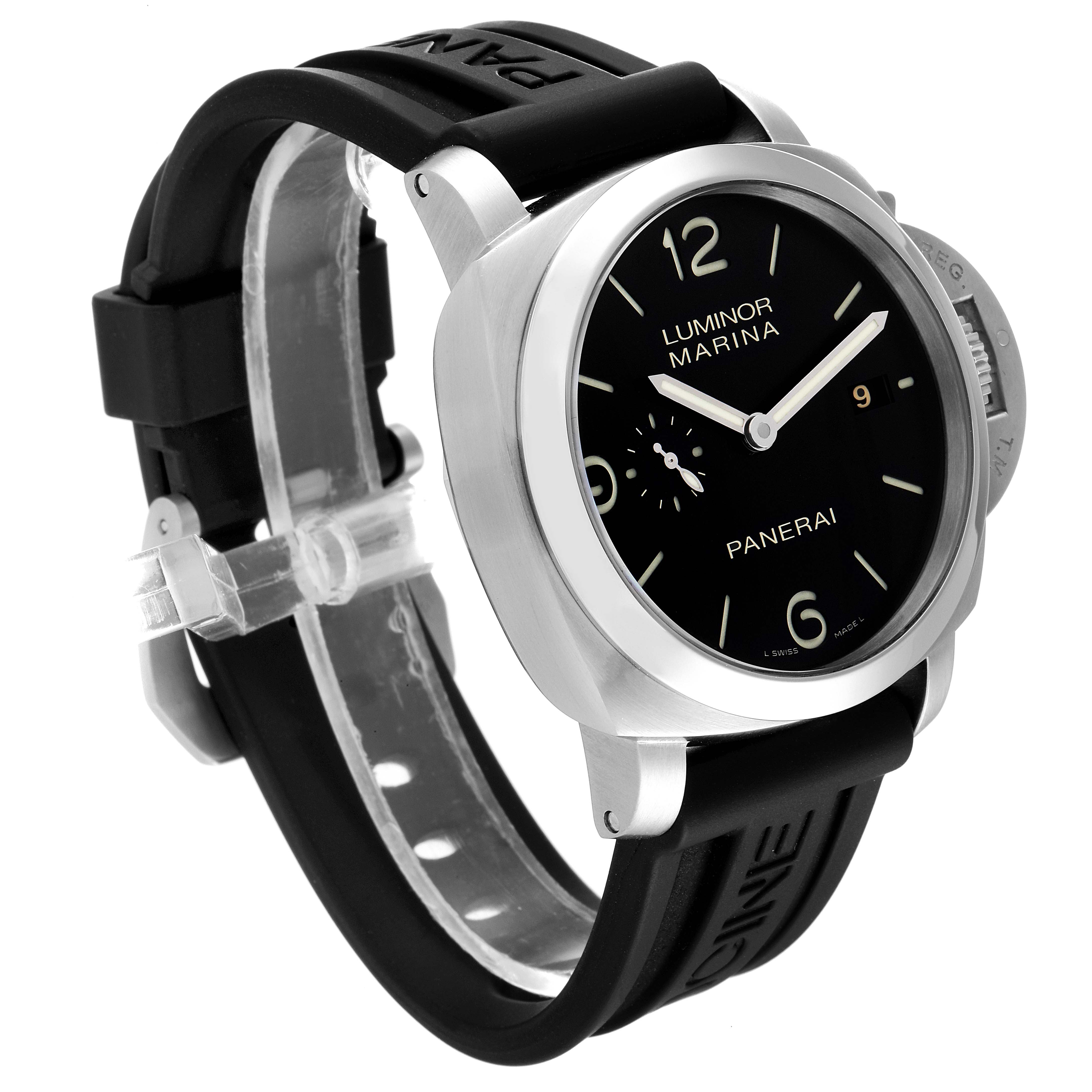 The Panerai Luminor PAM00312 Men
s Stainless Steel Black Dial PAM00312 Men
s Stainless Steel Black Dial watch is shown in a three-quarter angle, highlighting the face, strap, and crown guard.