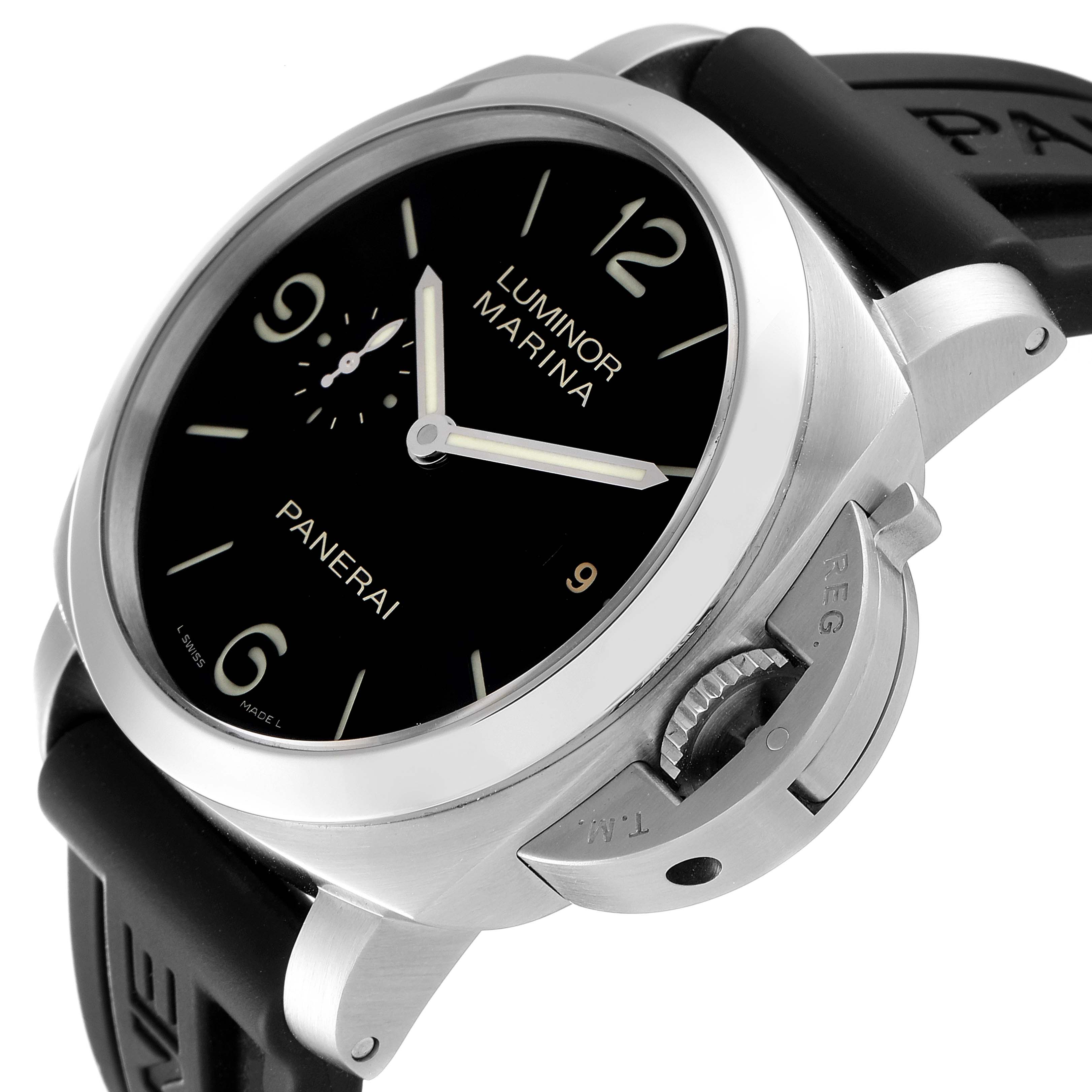 The image shows a side perspective of the Panerai Luminor PAM00312 Men
s Stainless Steel Black Dial PAM00312 Men
s Stainless Steel Black Dial watch, highlighting the crown guard, dial, and strap.