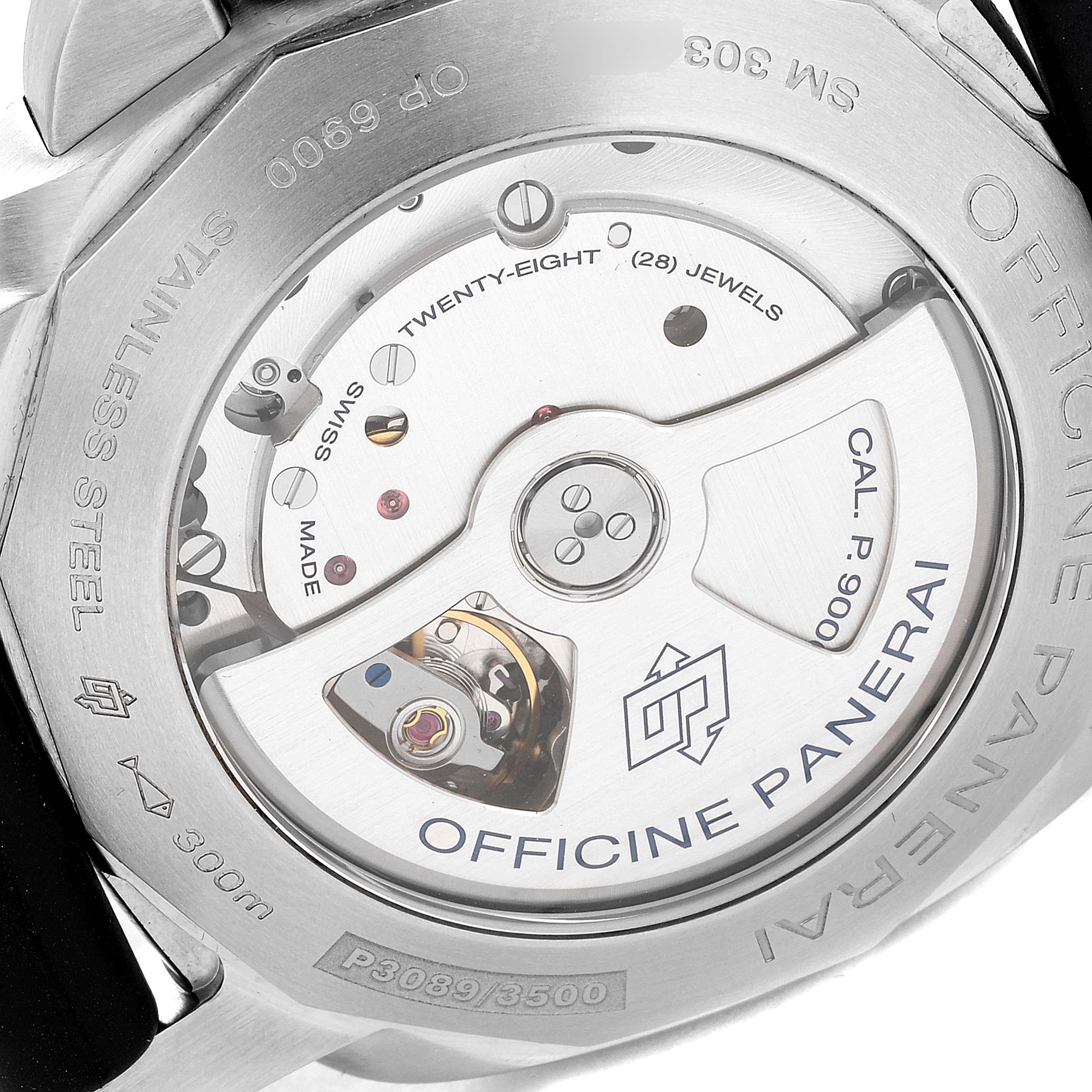 The image shows the back view of a Panerai Luminor PAM00312 Men
s Stainless Steel Black Dial PAM00312 Men
s Stainless Steel Black Dial watch, displaying its exposed movement and engravings.