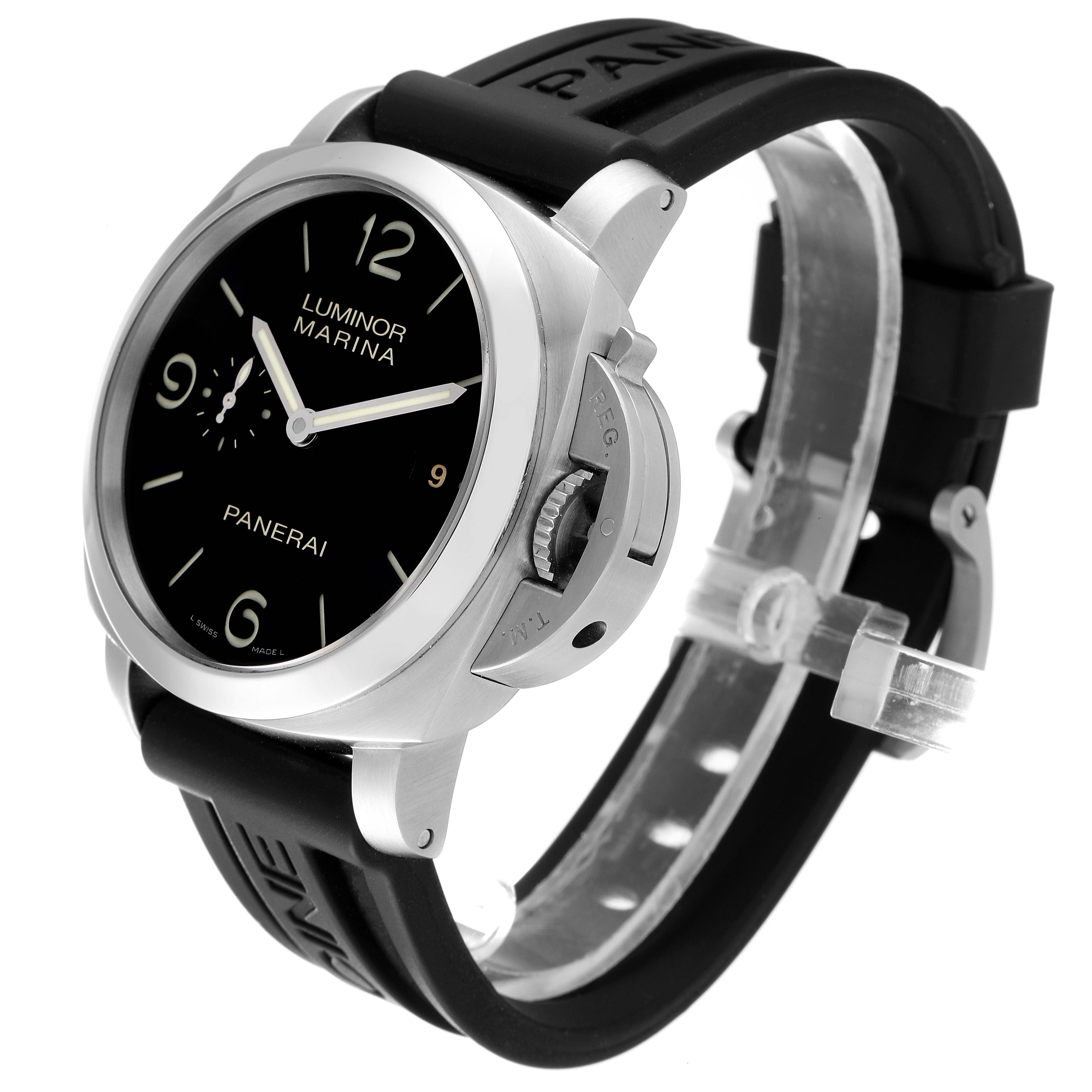 This image showcases the Panerai Luminor PAM00312 Men
s Stainless Steel Black Dial PAM00312 Men
s Stainless Steel Black Dial Marina watch from a front angle, highlighting its case, dial, crown guard, and black rubber strap.