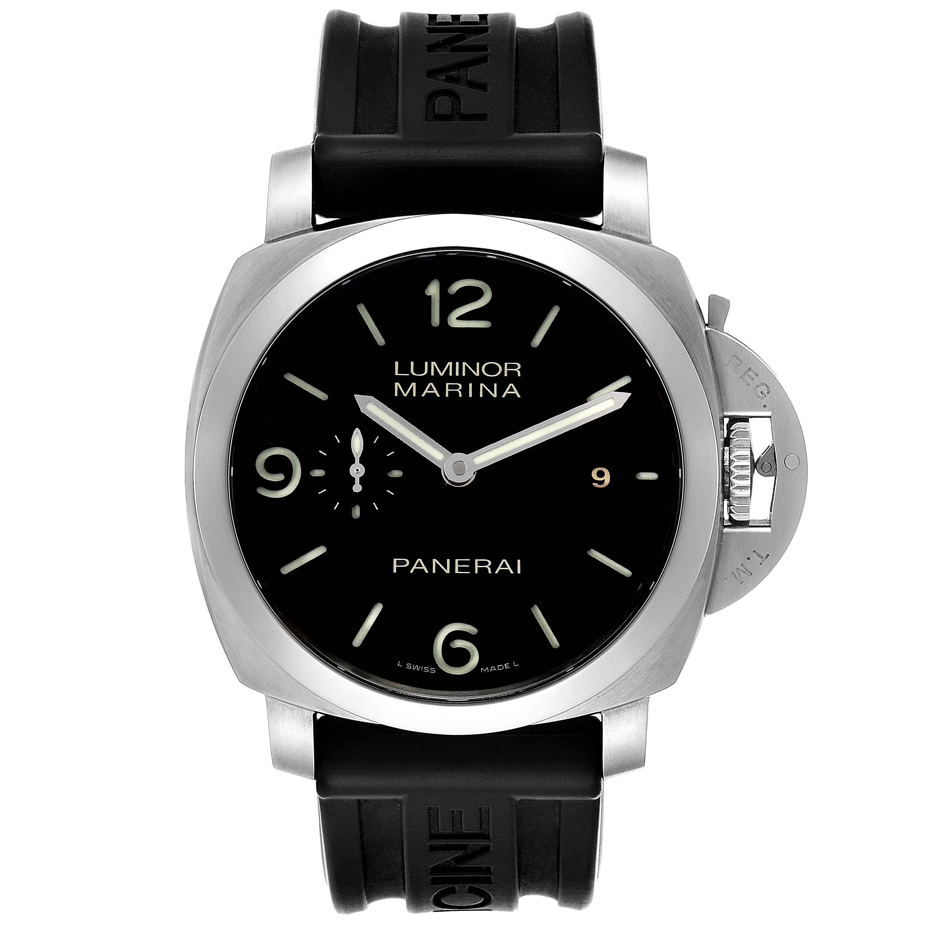 The image shows a front view of the Panerai Luminor PAM00312 Men
s Stainless Steel Black Dial PAM00312 Men
s Stainless Steel Black Dial Marina watch, featuring its black dial, luminous markers, and black rubber strap.