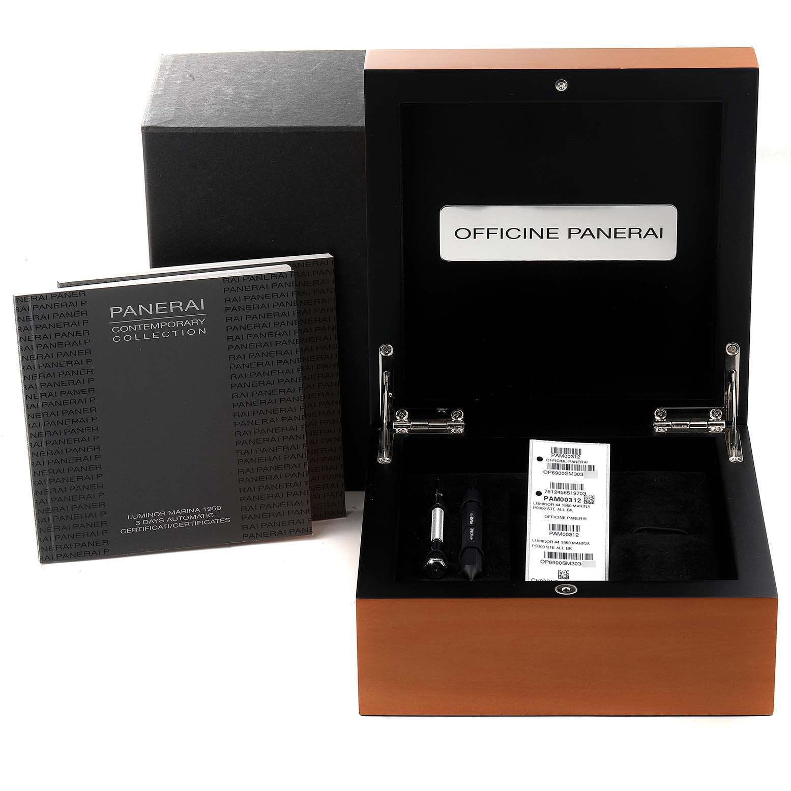 The image shows a Panerai Luminor PAM00312 Men
s Stainless Steel Black Dial PAM00312 Men
s Stainless Steel Black Dial watch packaging, including the box, manuals, tools, and accessories.