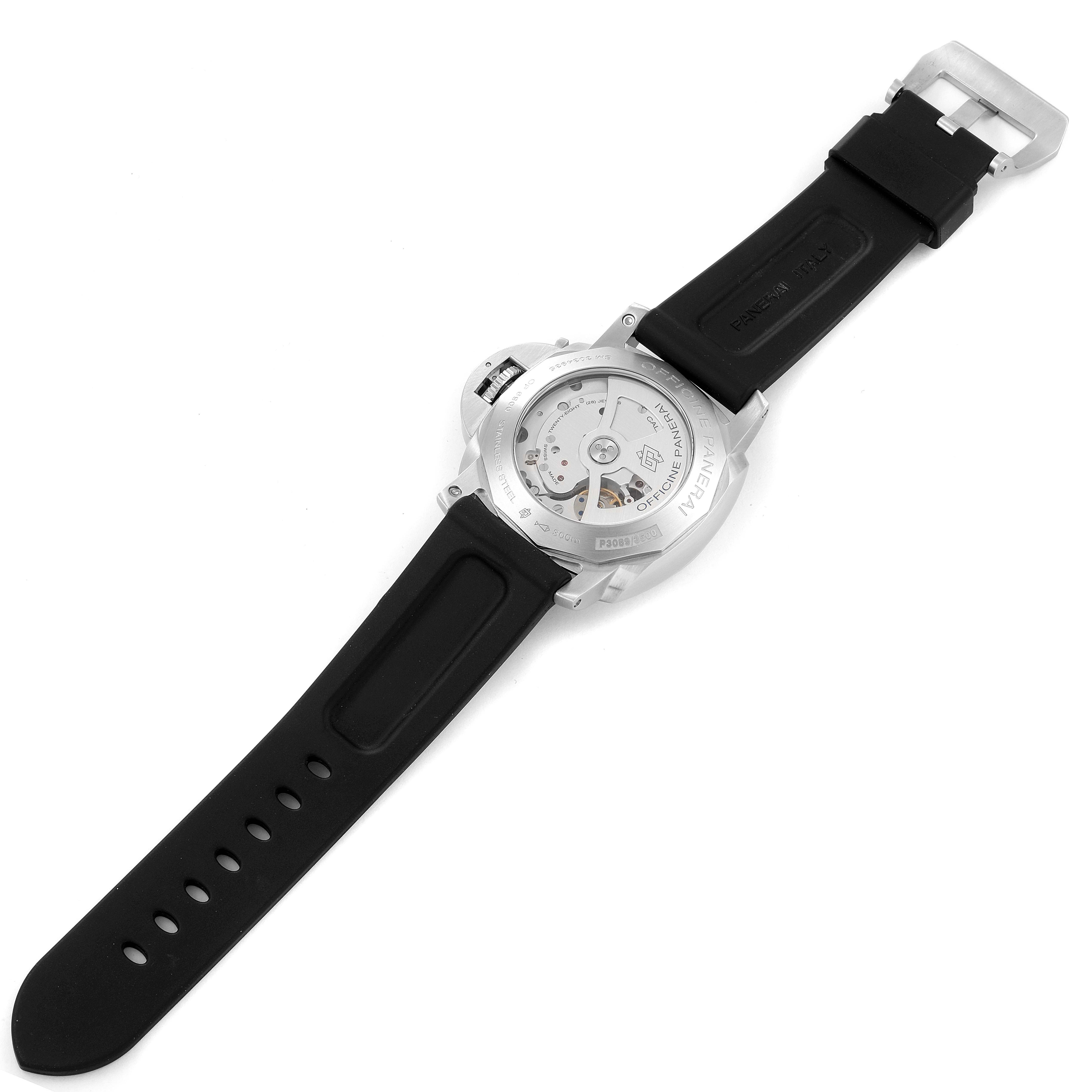 The image shows the back view of a Panerai Luminor PAM00312 Men
s Stainless Steel Black Dial PAM00312 Men
s Stainless Steel Black Dial watch, displaying the movement and black rubber strap.