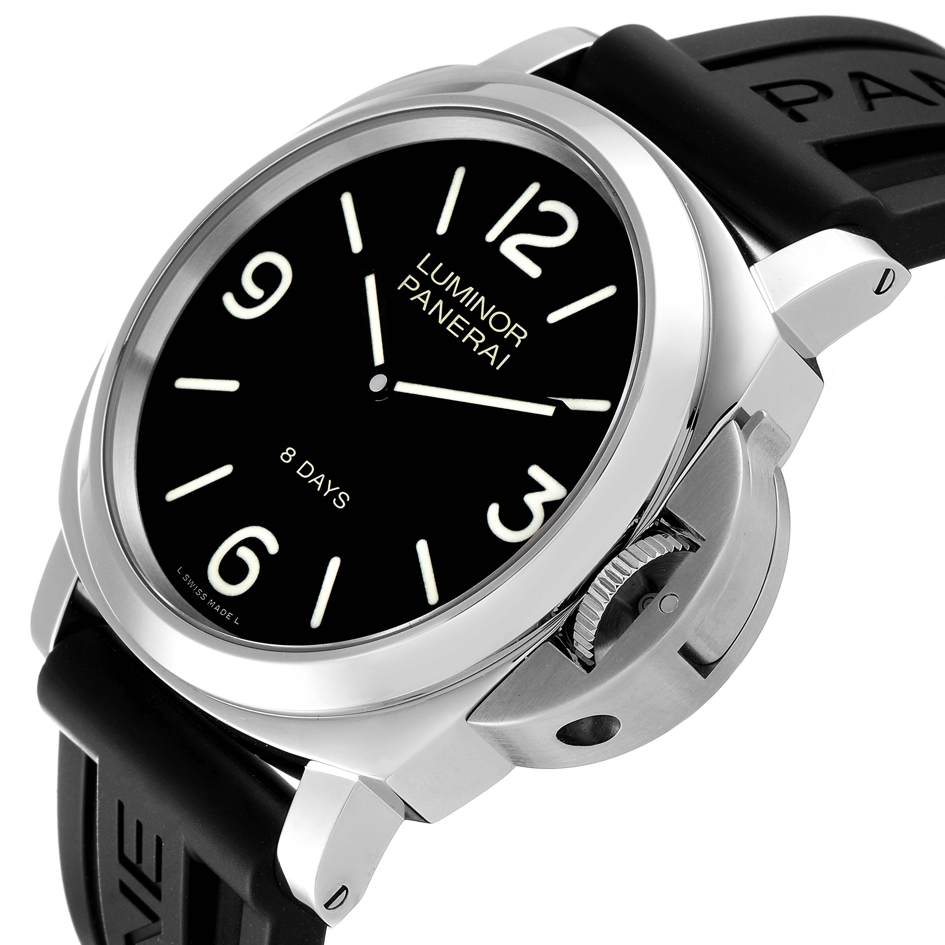This image shows a side angle of the Panerai Luminor PAM00560 Men
s Stainless Steel Black Dial PAM00560 Men
s Stainless Steel Black Dial watch, highlighting the dial, crown guard, and strap.