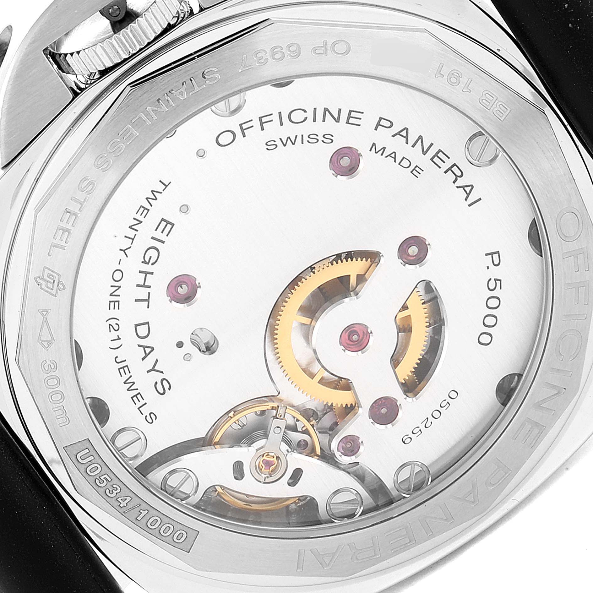The image shows the back of a Panerai Luminor PAM00560 Men
s Stainless Steel Black Dial PAM00560 Men
s Stainless Steel Black Dial, highlighting its P.5000 movement and internal components.