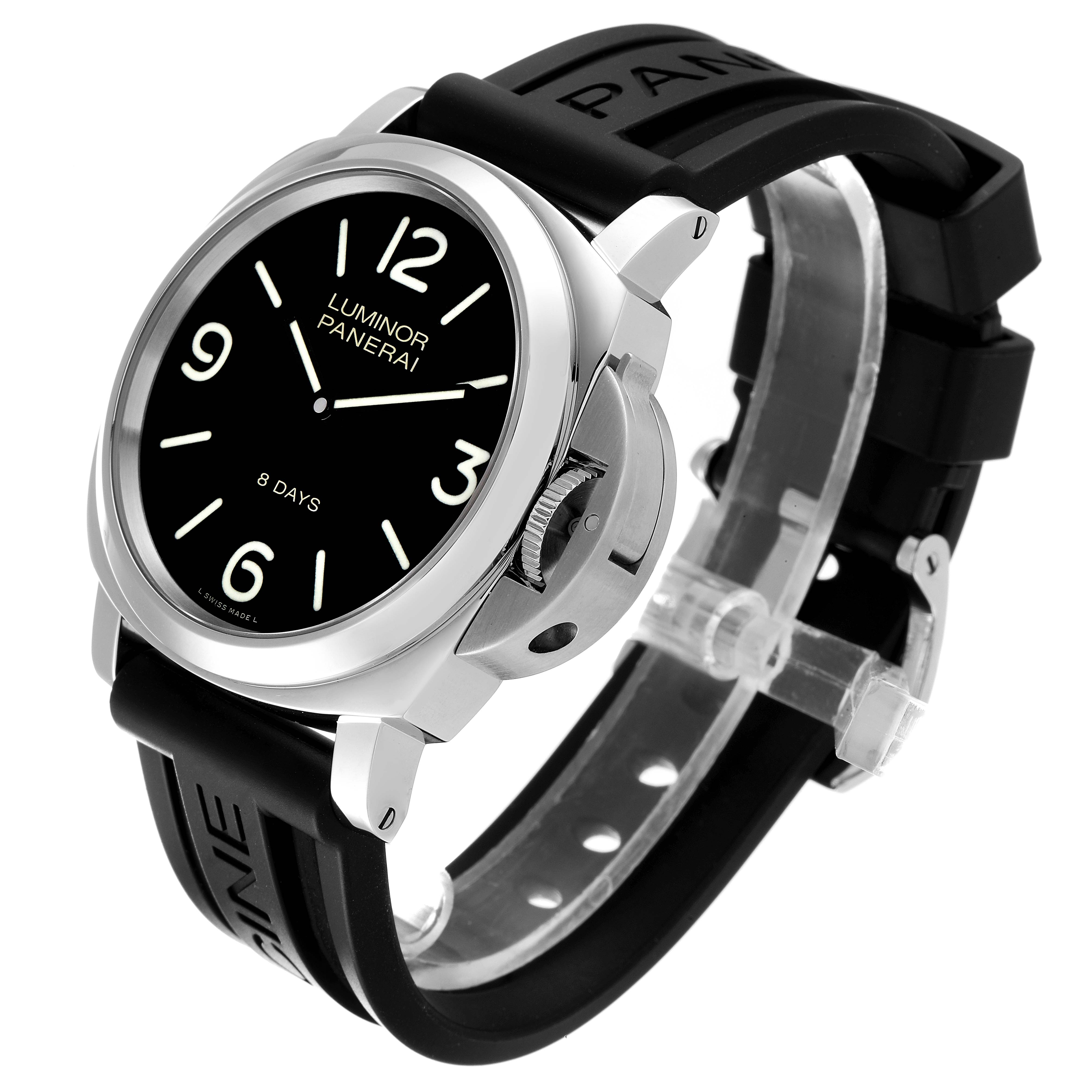 This image shows a Panerai Luminor PAM00560 Men
s Stainless Steel Black Dial PAM00560 Men
s Stainless Steel Black Dial watch from a three-quarter angle, highlighting the dial, case, and rubber strap.