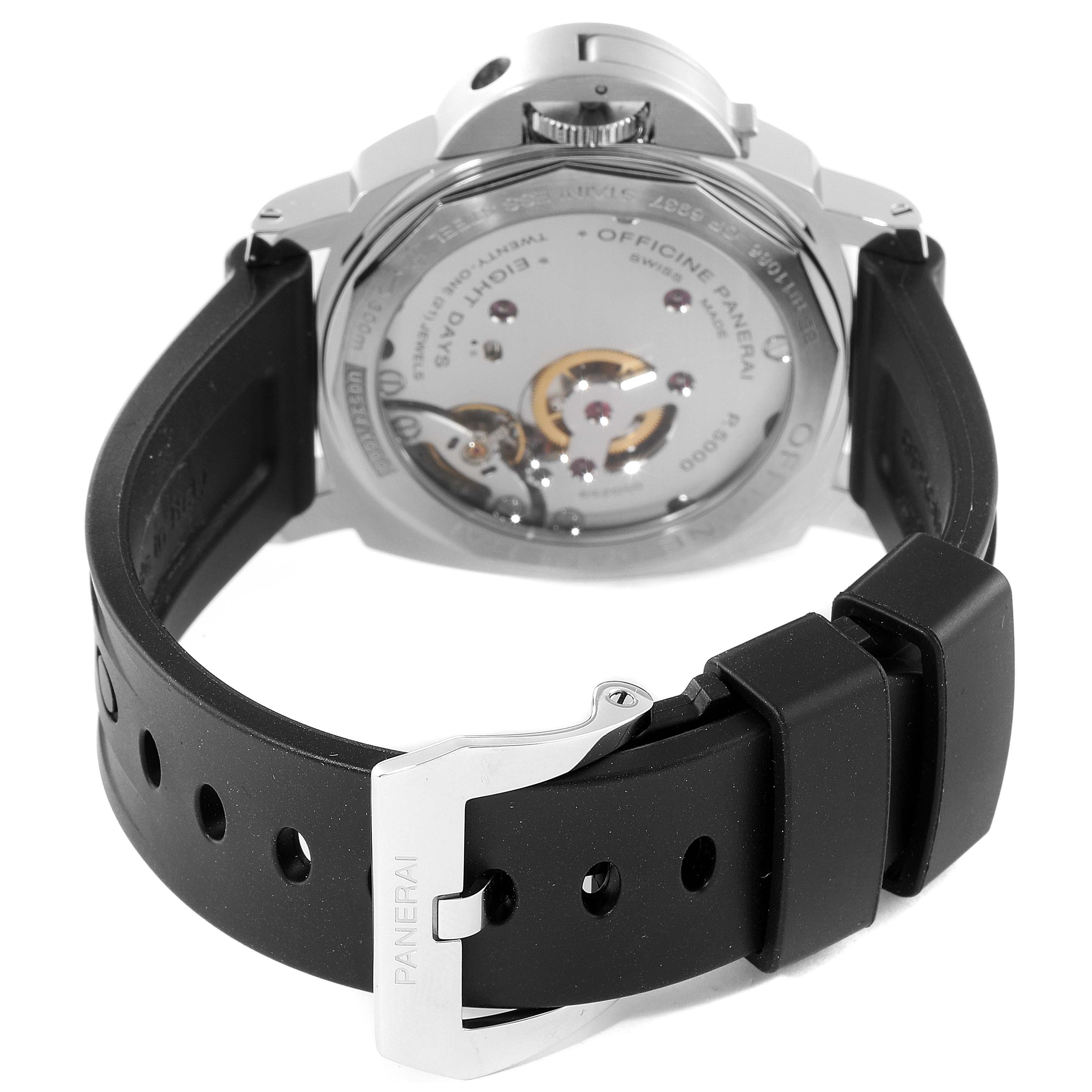 This image shows the rear view of the Panerai Luminor PAM00560 Men
s Stainless Steel Black Dial PAM00560 Men
s Stainless Steel Black Dial watch, featuring its exposed mechanism and black rubber strap with a buckle.