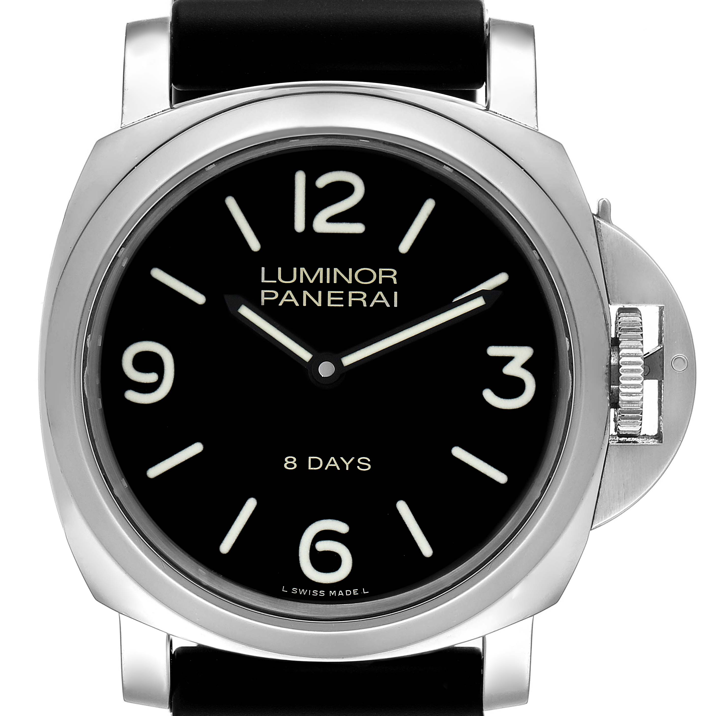 The image shows a front view of a Panerai Luminor PAM00560 Men
s Stainless Steel Black Dial PAM00560 Men
s Stainless Steel Black Dial watch, highlighting its dial, bezel, crown guard, and strap attachment.