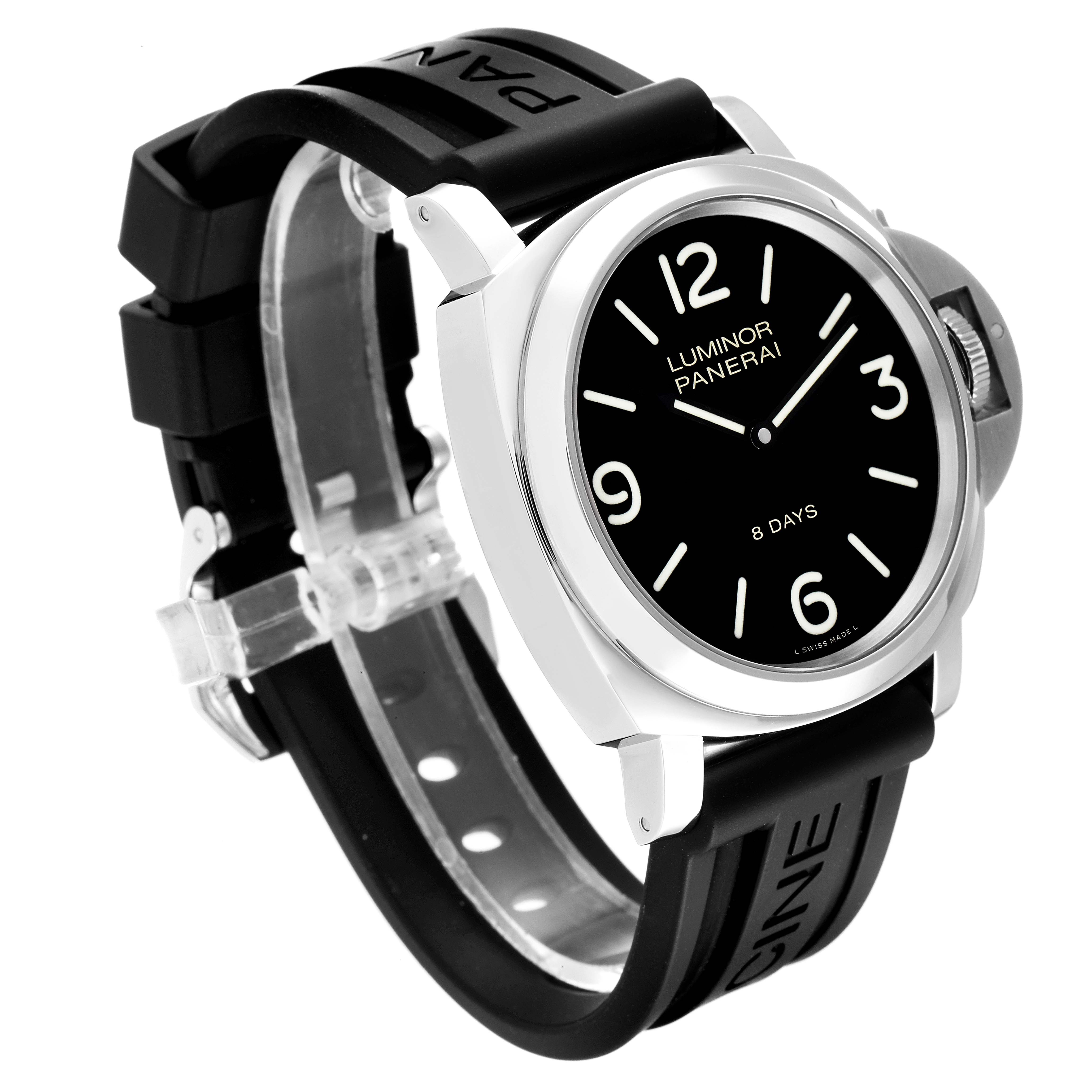 This image shows a Panerai Luminor PAM00560 Men
s Stainless Steel Black Dial PAM00560 Men
s Stainless Steel Black Dial watch from a 3/4 angle, highlighting the face, crown guard, and black rubber strap.