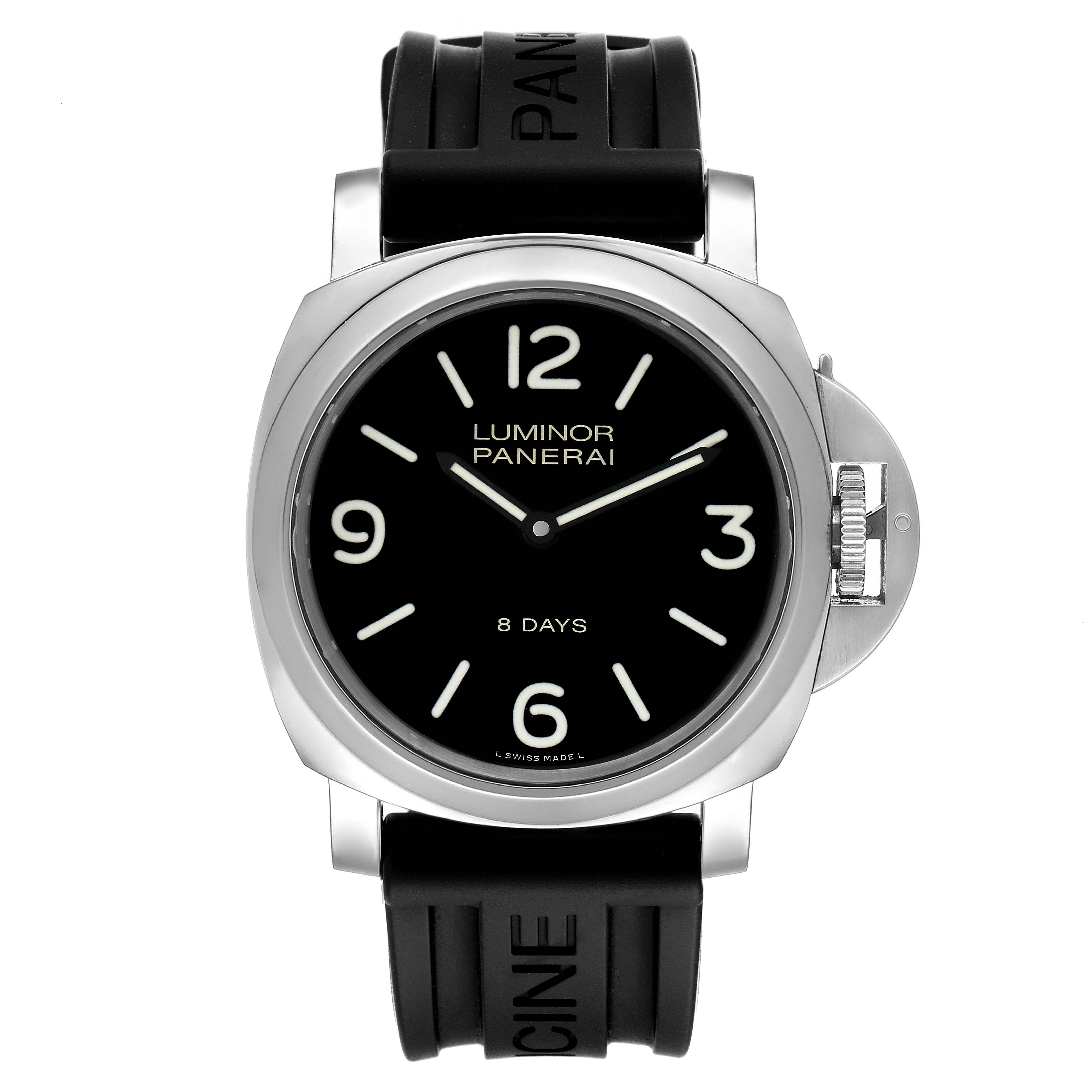 The image shows a front view of the Panerai Luminor PAM00560 Men
s Stainless Steel Black Dial PAM00560 Men
s Stainless Steel Black Dial model watch with its black dial, numerals, and black rubber strap.