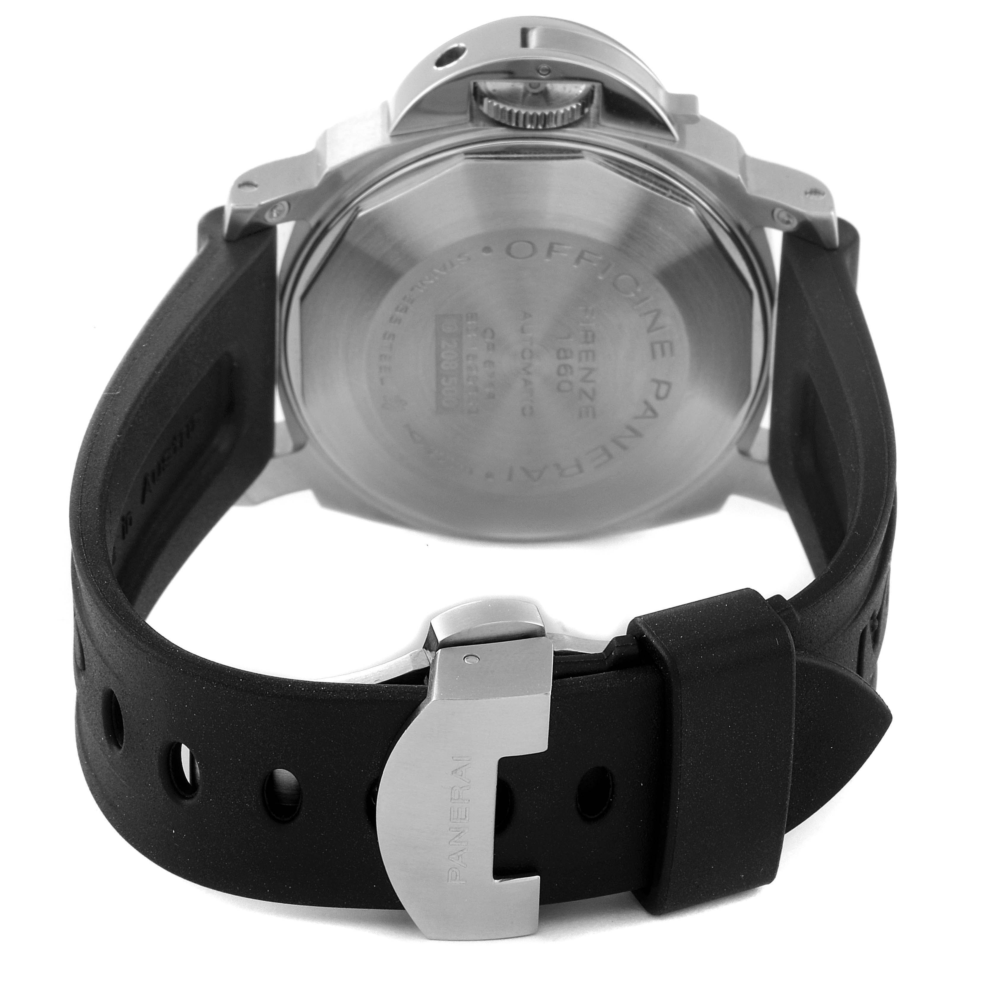 The image shows the back case and buckle of a Panerai Luminor PAM00244 Men
s Stainless Steel Black Dial PAM00244 Men
s Stainless Steel Black Dial watch, along with its black strap, viewed from the rear angle.