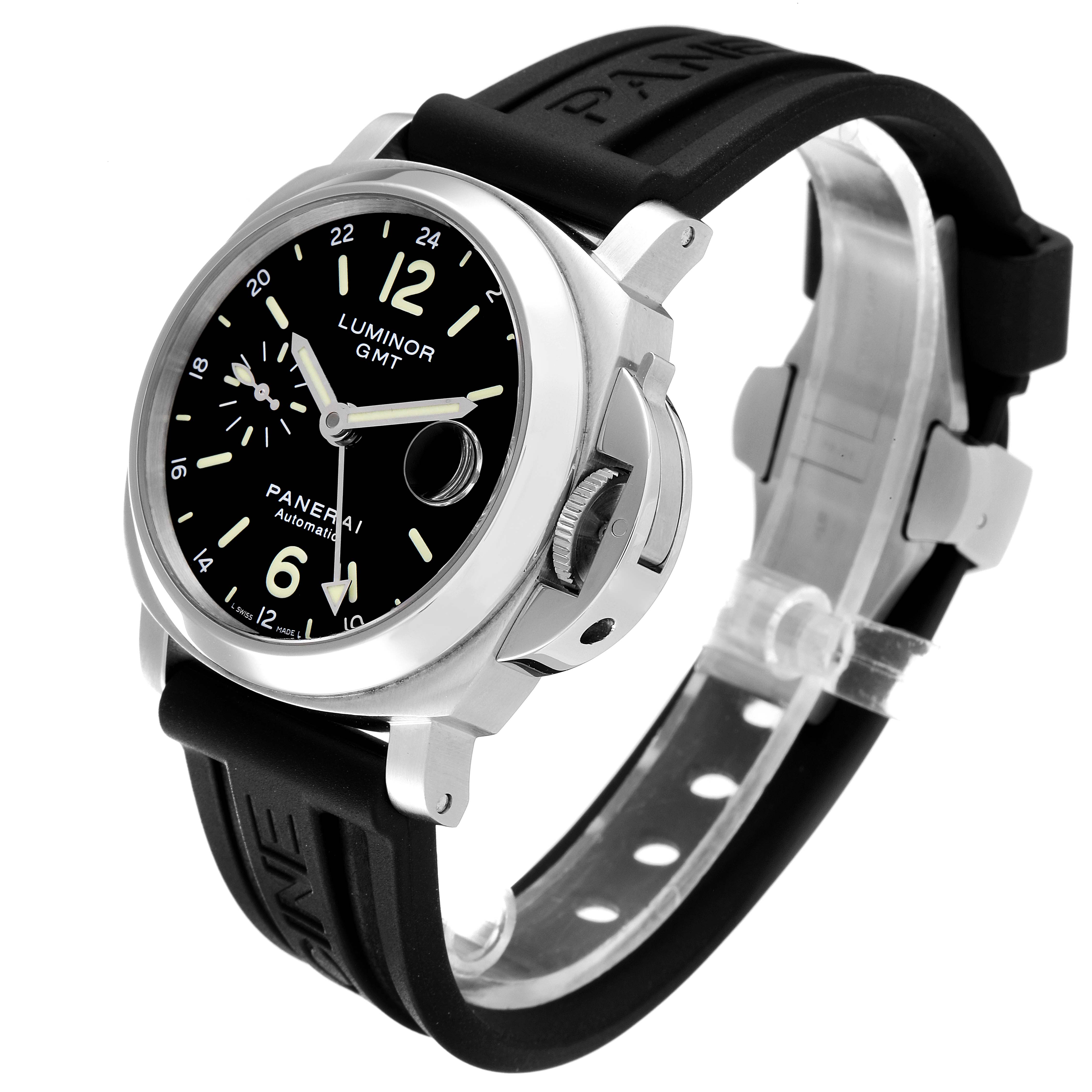 This image shows a Panerai Luminor PAM00244 Men
s Stainless Steel Black Dial PAM00244 Men
s Stainless Steel Black Dial GMT watch at a three-quarter angle, displaying its dial, strap, and crown guard.