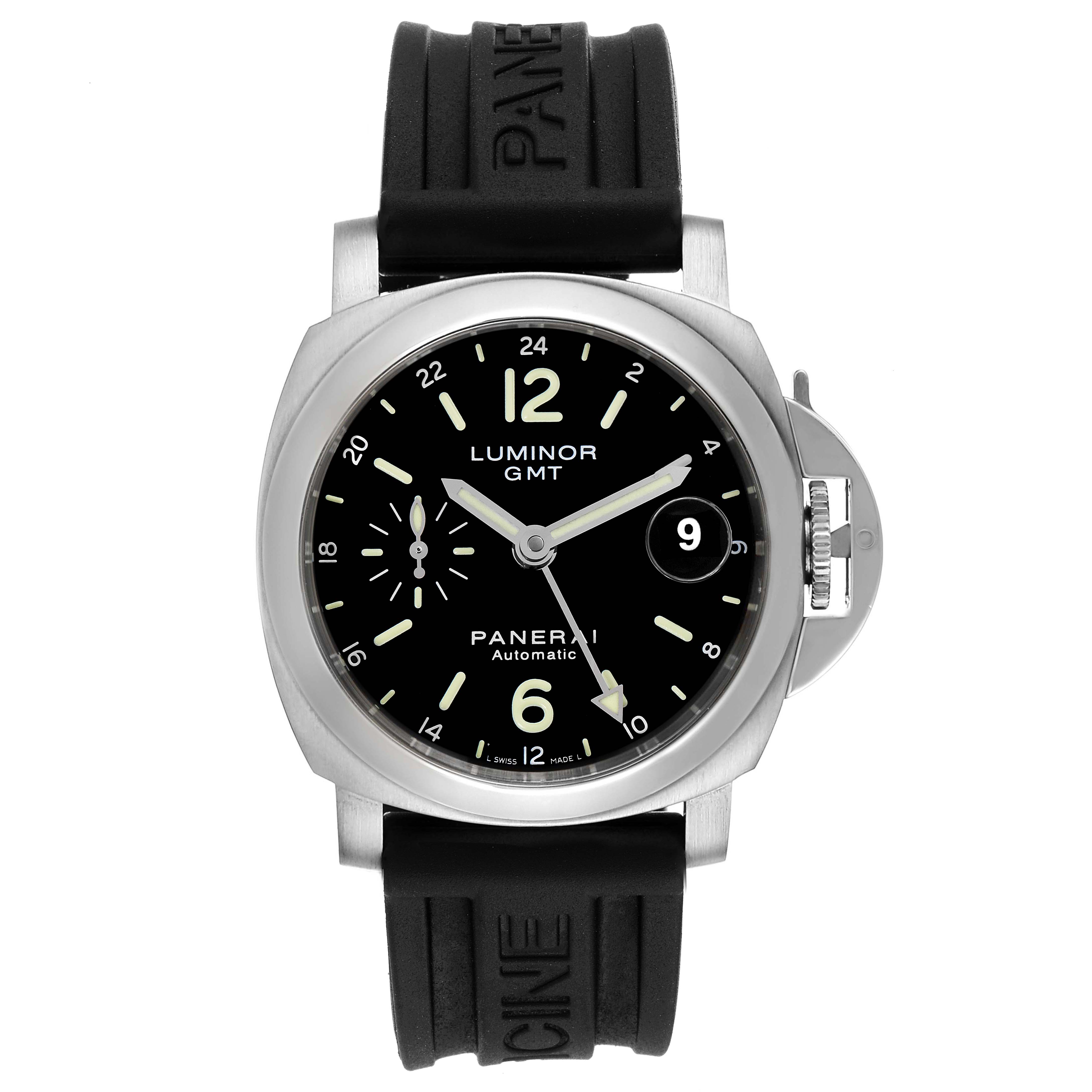 This image shows a front view of a Panerai Luminor PAM00244 Men
s Stainless Steel Black Dial PAM00244 Men
s Stainless Steel Black Dial GMT watch, including its black dial, luminous hands, and the protective crown guard.